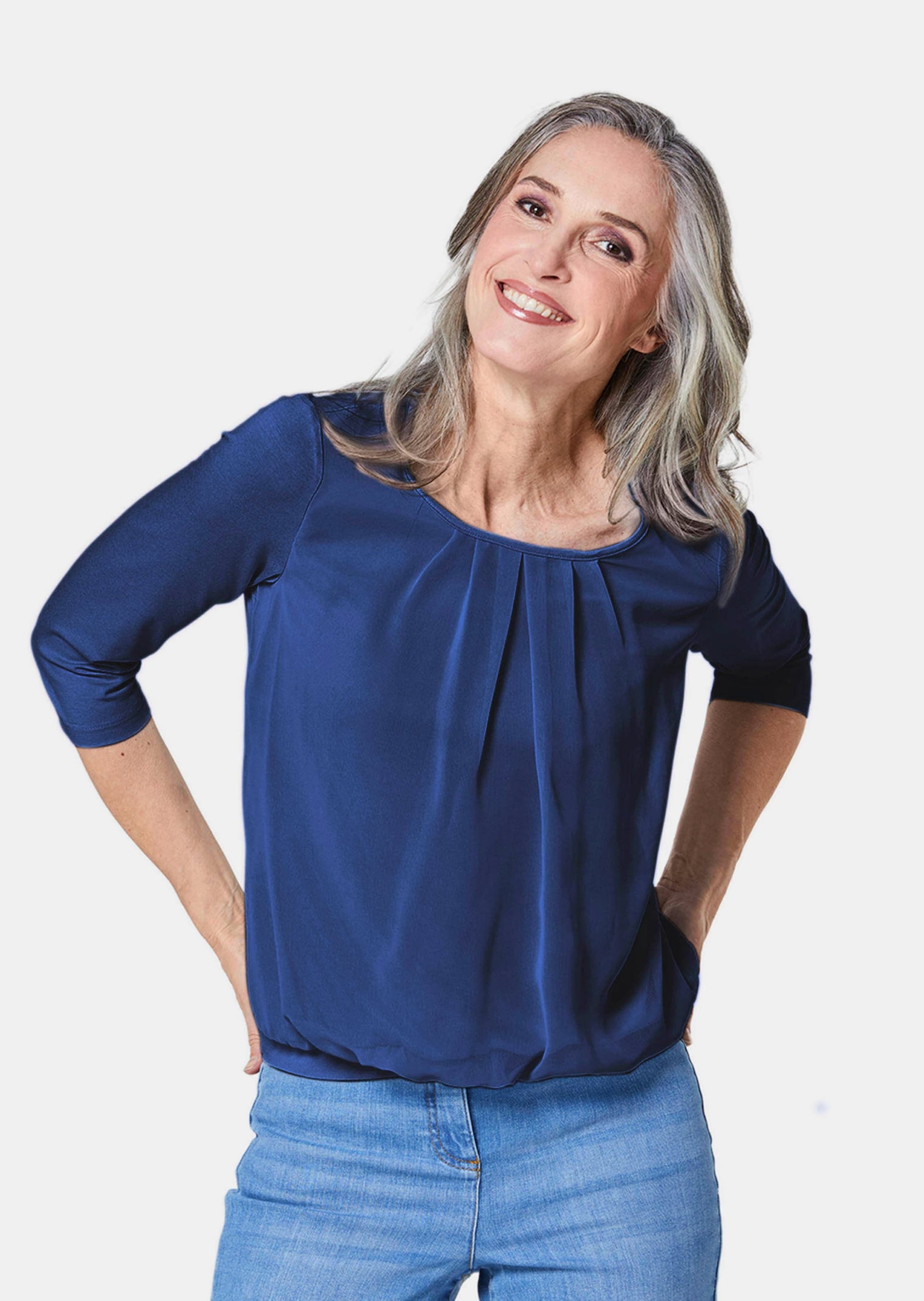 GOLDNER Kurzarmbluse »Kurzgröße Chiffon-Shirt mit 3/4-Arm, Rundhals«