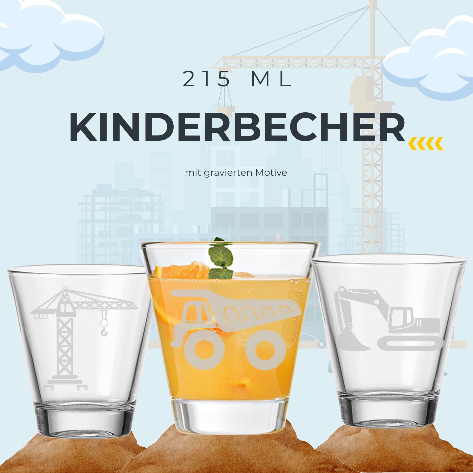 LUXENTU Kinderbecher »Kinderbecher Baustellenfahrzeuge 215 ml 3er Set transparent«