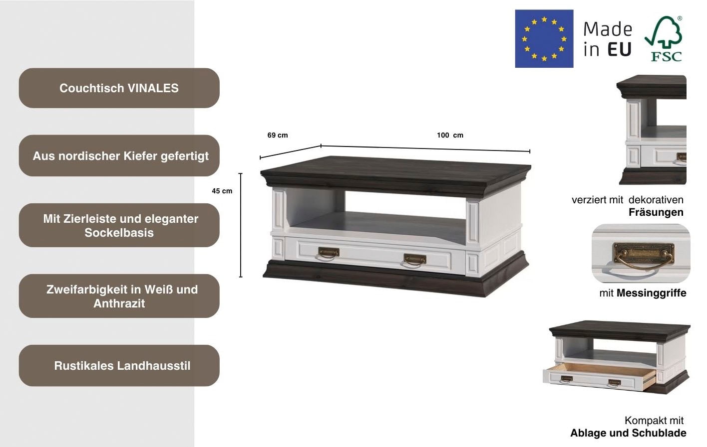 Home affaire Couchtisch »Vinales«, Breite 100 cm, mit 1 Schublade