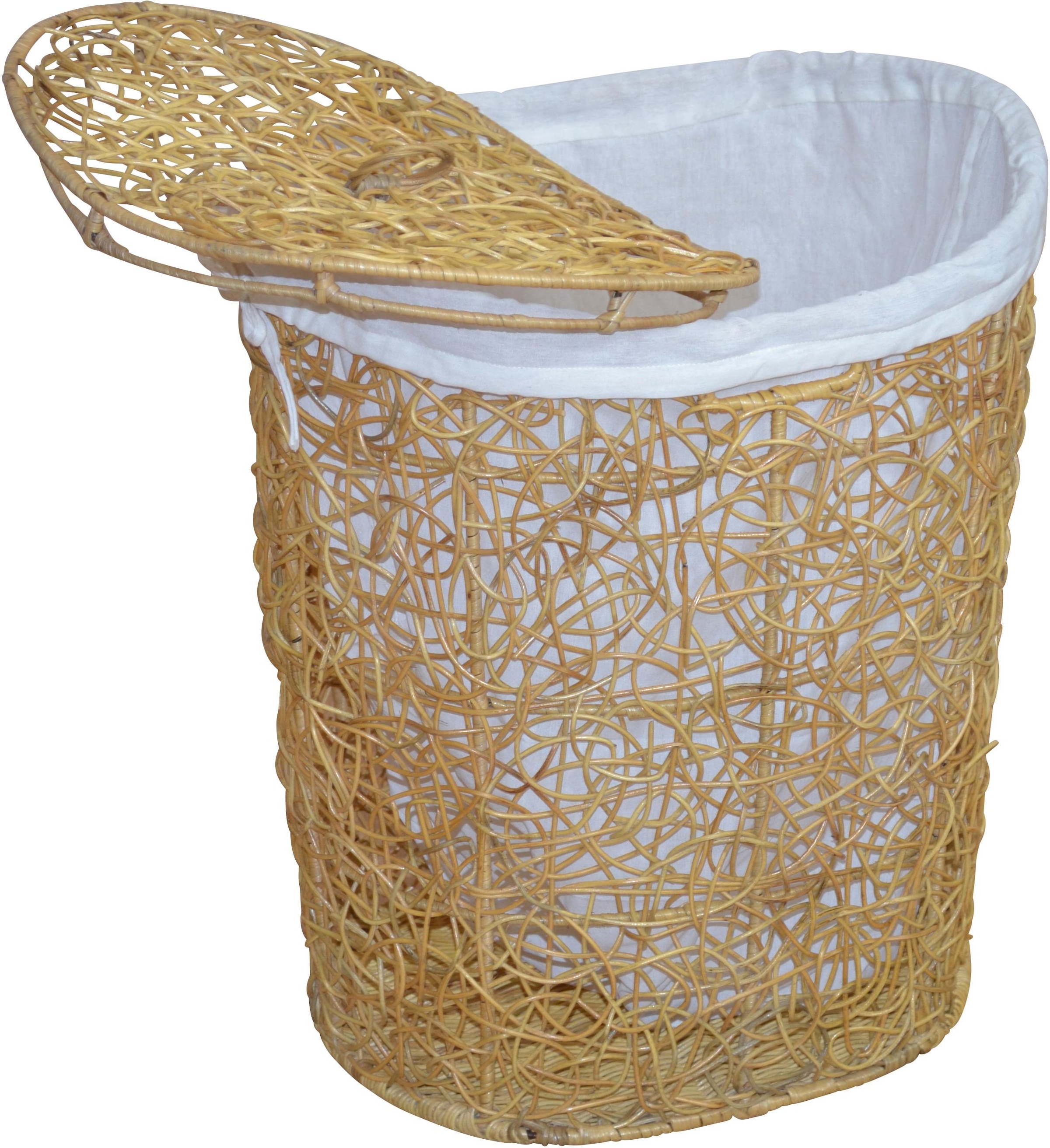 Wäschekorb, Rattan-Geflecht, mit Stoffeinsatz und Deckel, Höhe 62 cm