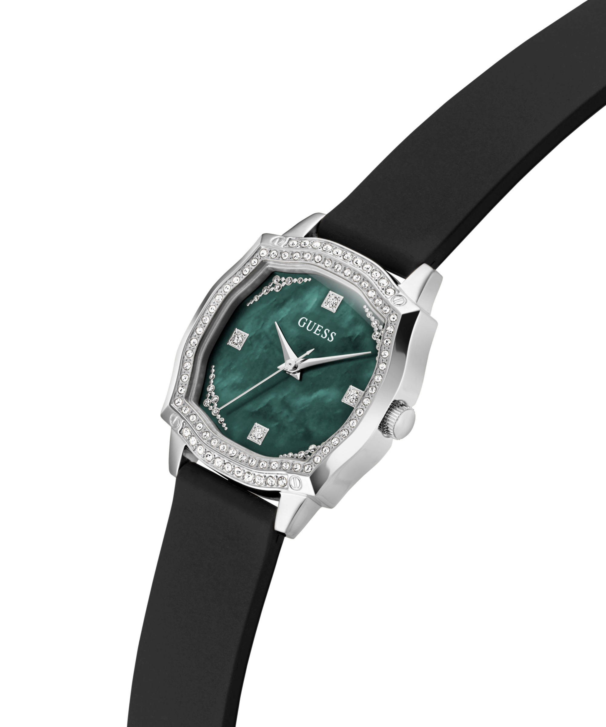 Guess Quarzuhr »LIV« Armbanduhr, Damenuhr, Silikonarmband, Kristallsteine