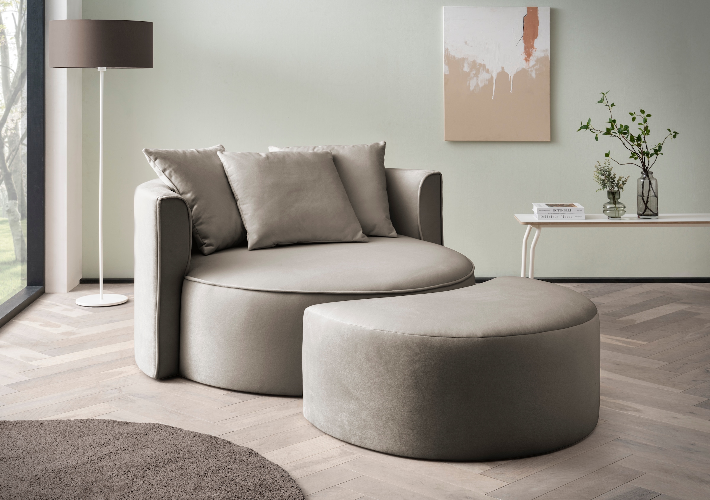 LeGer Home by Lena Gercke XXL-Sessel »Isalie, Rundsessel mit Hocker, Lesesessel, Loveseat, Big-Sessel«, (Set), trendige Stoffe, mit 3 Zierkissen, große Sitzfläche