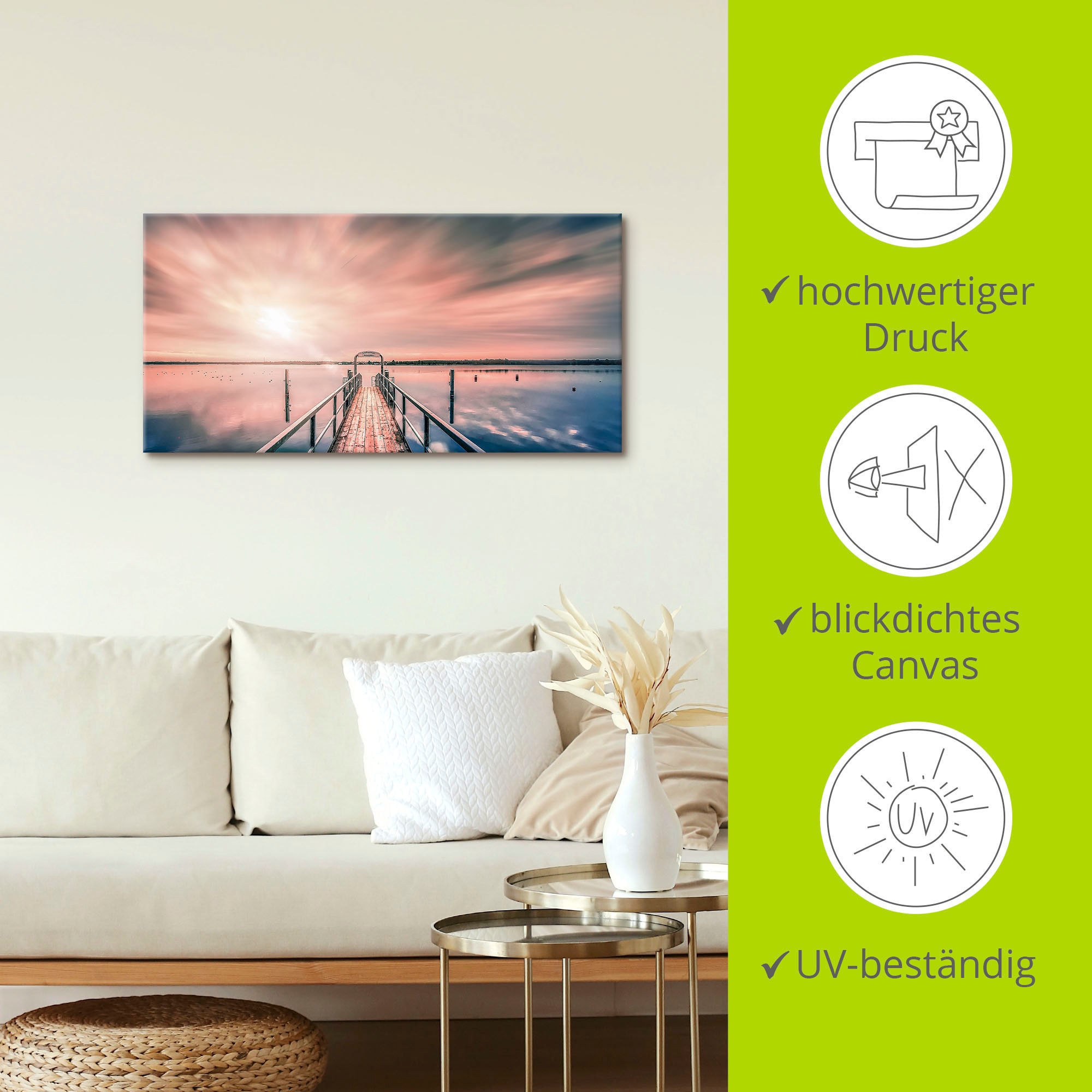 Artland Wandbild »Steg im Sonnenlicht mit Wolken«, Bilder vom Sonnenuntergang & -aufgang, (1 St.), in vielen Größen & Produktarten , Alubild, Leinwandbild, Poster, Wandaufkleber