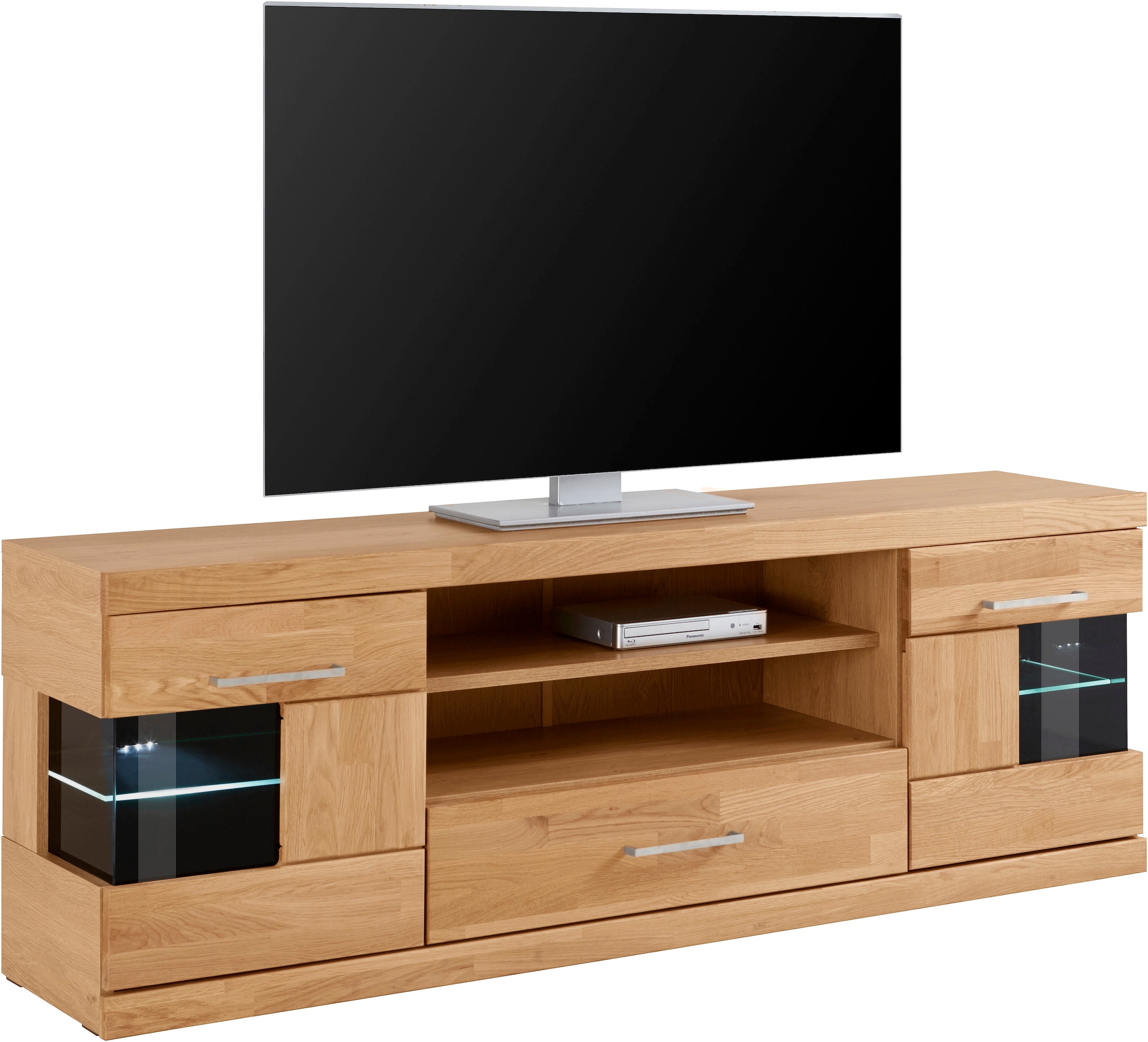 Home affaire Lowboard »Ribe,160cm breit, Fronten Massivholz,6 Fächer,Kabeldurchführung«, Korpus Holzwerkstoff,Glaseinsatz aus gehärtetem Glas,Böden versetzbar