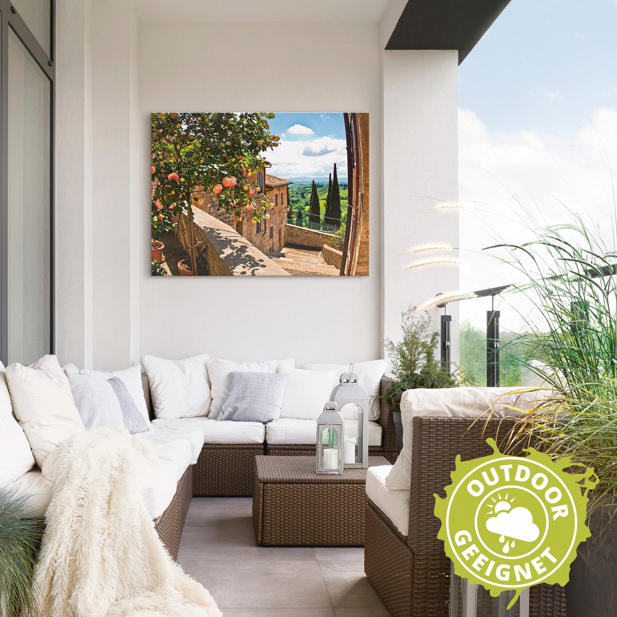 Artland Wandbild »Rosen auf Balkon Toskanalandschaft«, Garten, (1 St.), als Alubild, Outdoorbild, Leinwandbild, Poster, Wandaufkleber