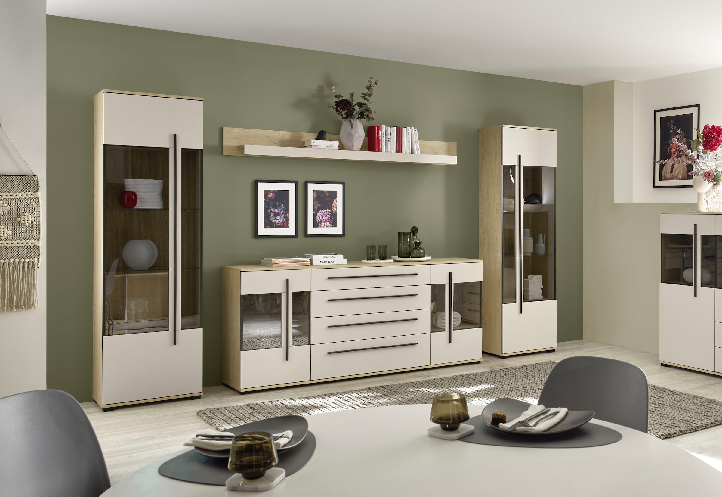 Home affaire Wohnwand »Cantara, Anbauwand, Wohnzimmer-Set, in Eiche Evoke, Weiß oder Kaschmir« Set, 