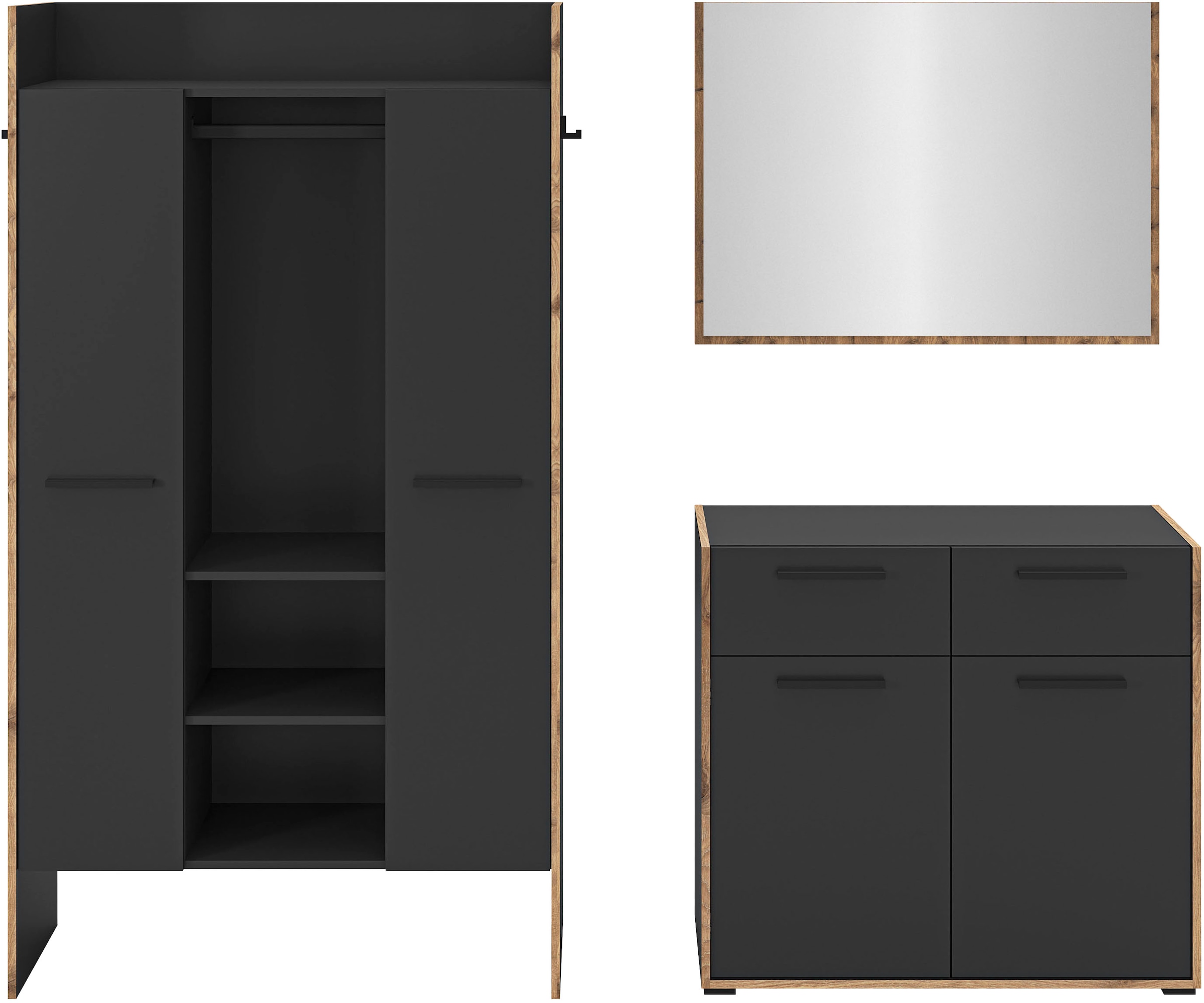 INOSIGN Garderoben-Set »MUSTA, 3-teilig: Garderobenschrank, Kommode & Garderobenspiegel«