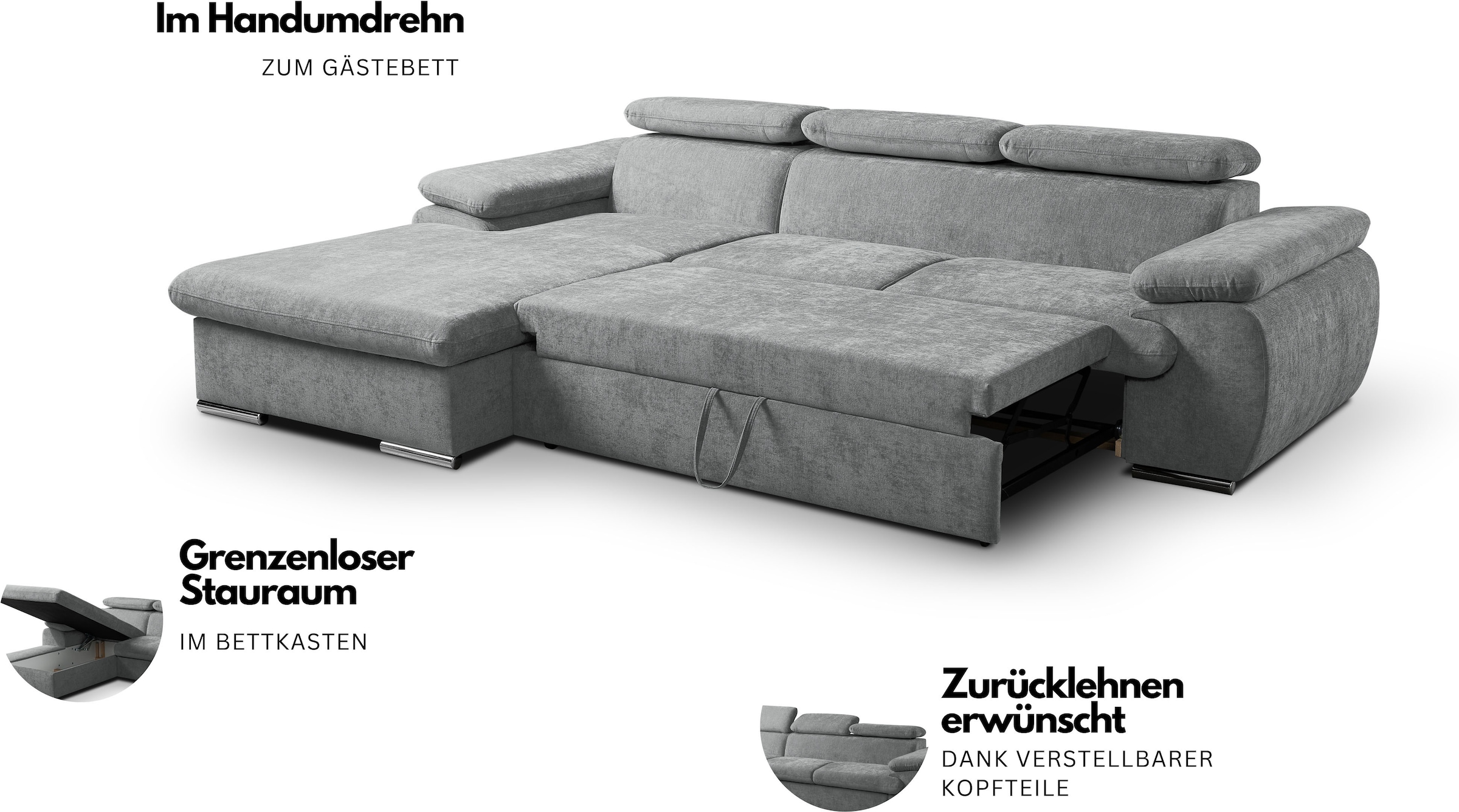 WERK2 Ecksofa »Cosmo« Eckcouch mit Schlaffunktion, Bettkasten & verstellbaren Kopfteilen