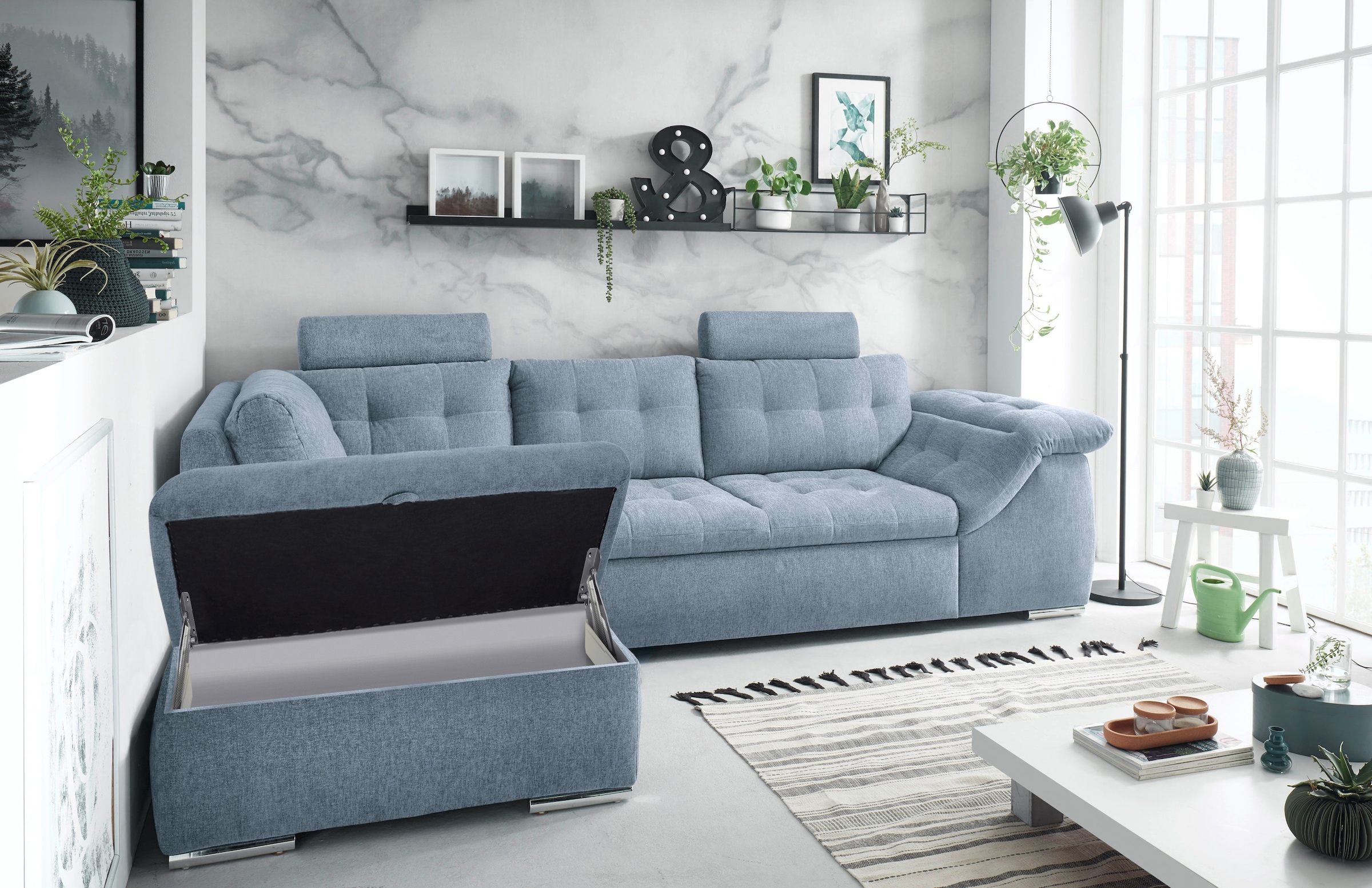 ED EXCITING DESIGN Ecksofa Oman, mit Bettfunktion, Bettkasten, Armteilverstellung und  Kopfstützen