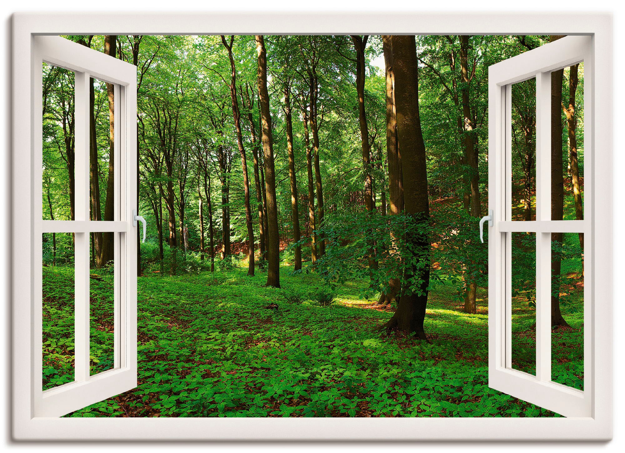 Fensterblick, (1 bei Artland OTTO Leinwandbild, Größen »Fensterblick in Poster St.), Panorama Wandbild grüner oder online kaufen Sommerwald«, Wandaufkleber versch. als
