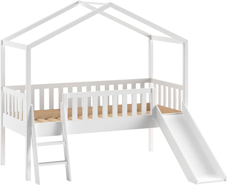 Vipack Hausbett »Kiefer massiv weiß lackiert, Made in Europe, stabil gebaut« B/H/T ca. 213x201,8cm, wahlweise mit und ohne Rutsche,  mit Leiter, offenem Dach, Rolllattenrost und Absturzschutz