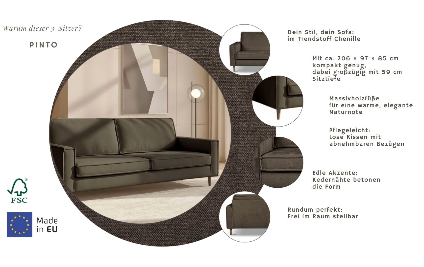 Home affaire 3-Sitzer »Pinto Skandi, 206 cm, Chenille, Struktur« mit Keder, Massivholzfüße Eiche geräuchert, Wellenunterfederung