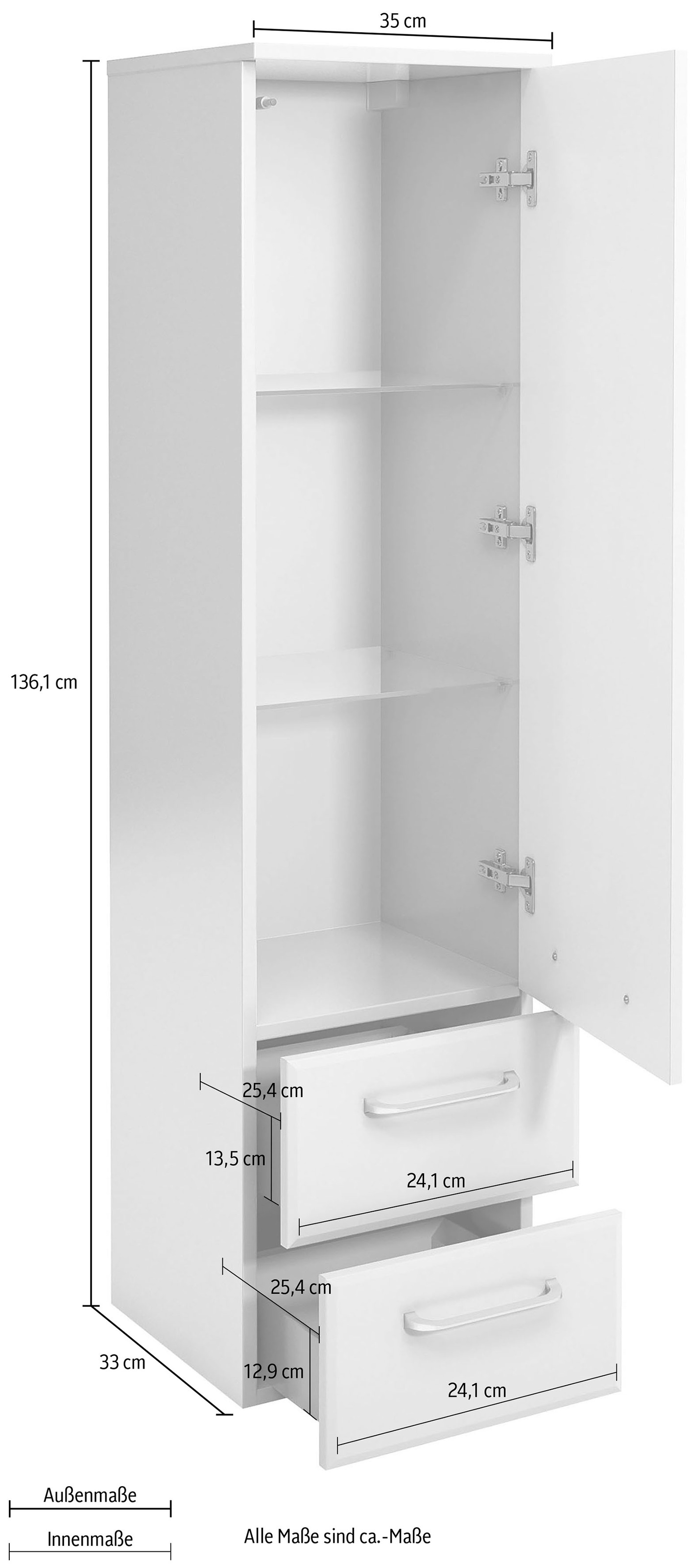 Saphir Midischrank »Quickset Badschrank 35 cm breit, 1 Tür, 2 Schubladen, 2 Einlegeböden«, Badezimmer-Midischrank inkl. Türdämpfer, Griffe in Chrom glänzend