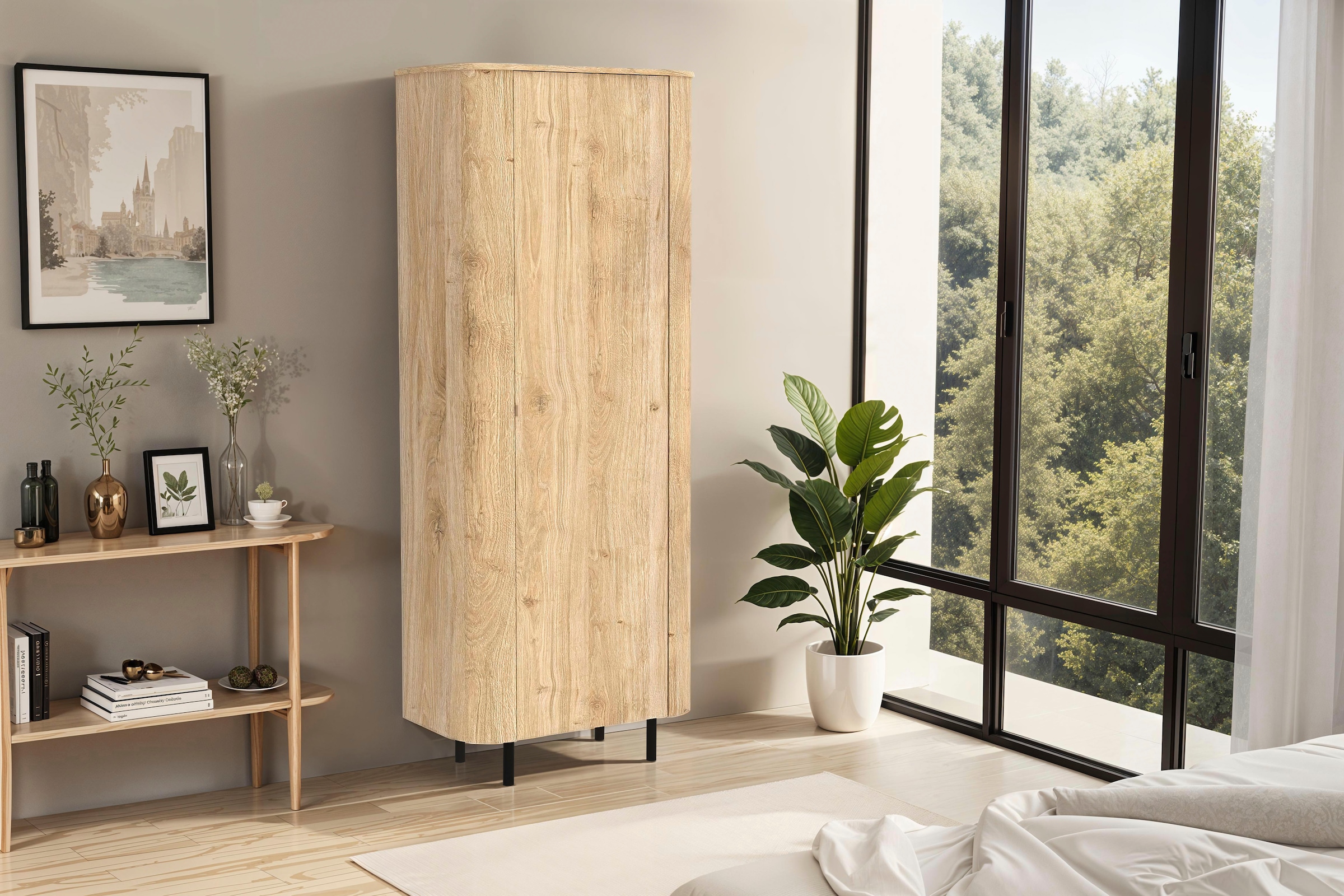 Home affaire Hochschrank »Murano, Stauraumschrank H 200 cm, B 80 cm, 1 Tür, Mehrzweckschrank« Formgebogenes MDF, Stirnseiten mit Rundung, Füße und Griffe aus Metall