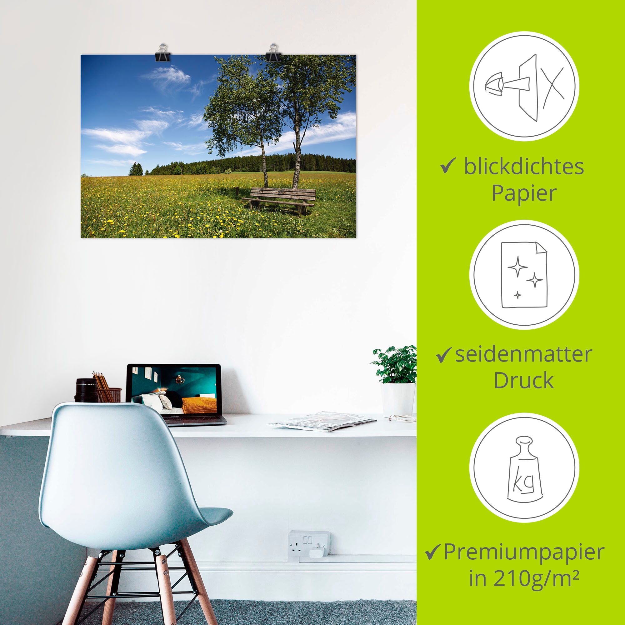 Artland Poster »Einsame Bank auf einer Löwenzahnwiese« Felder 1 Stk. tlg. ohne Rahmen