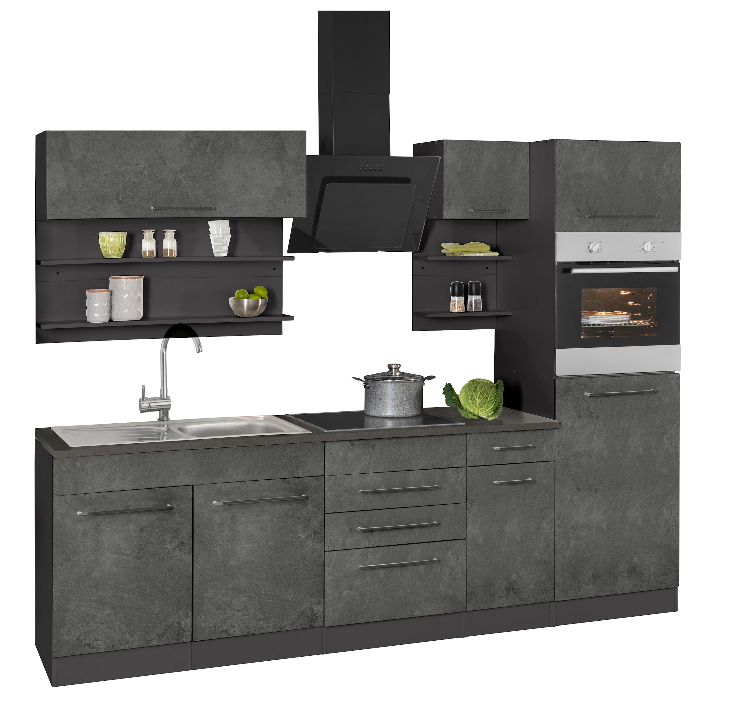 KOCHSTATION Küchenzeile »KS-Tulsa« mit E-Geräten, Breite 330 cm, schwarze Metallgriffe, MDF Fronten