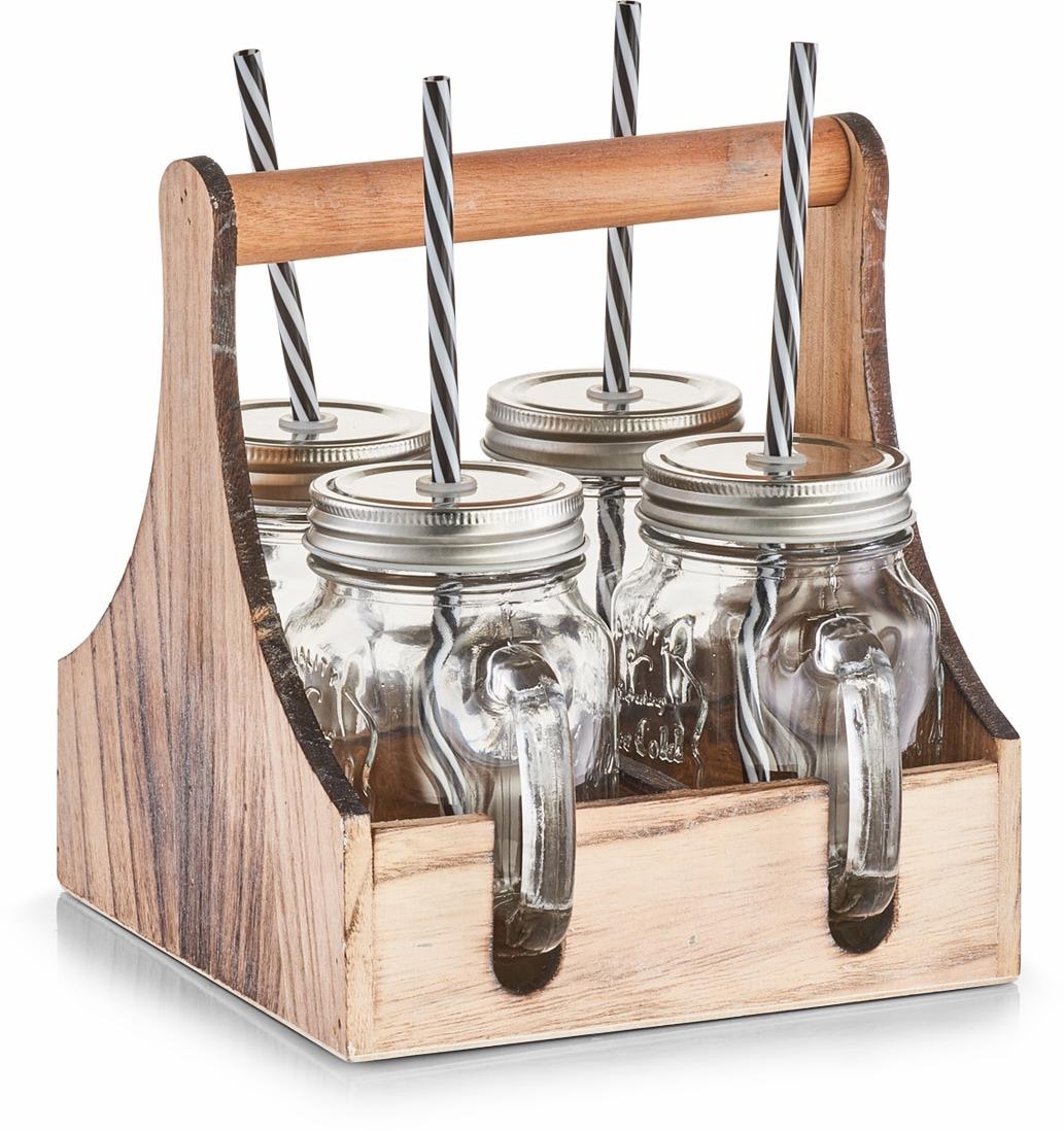 Zeller Present Gläser-Set, (Set, 5 tlg., je 4 Gläser mit Schraubdeckel und Trinkhalmen), in praktischer Holzkiste zum Tragen