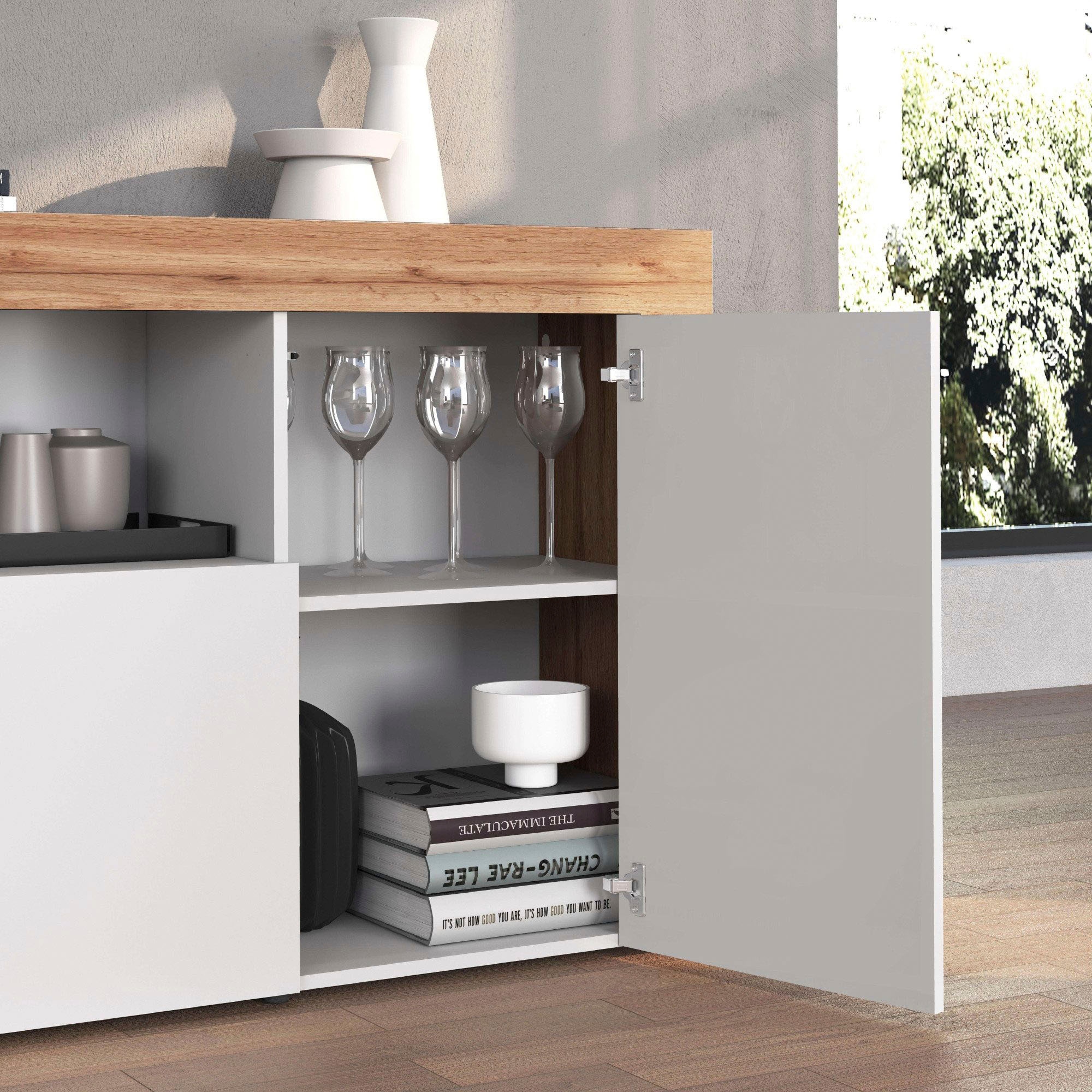 OTTO home Sideboard »CHRONOS Breite 200 cm  mit 4 Türen, 2 offene und 8 geschlossene Fächer« 1 Stk. tlg. Sideboard,Kommode, Schrank, Grifflos mit Push to Open, Made in Italy