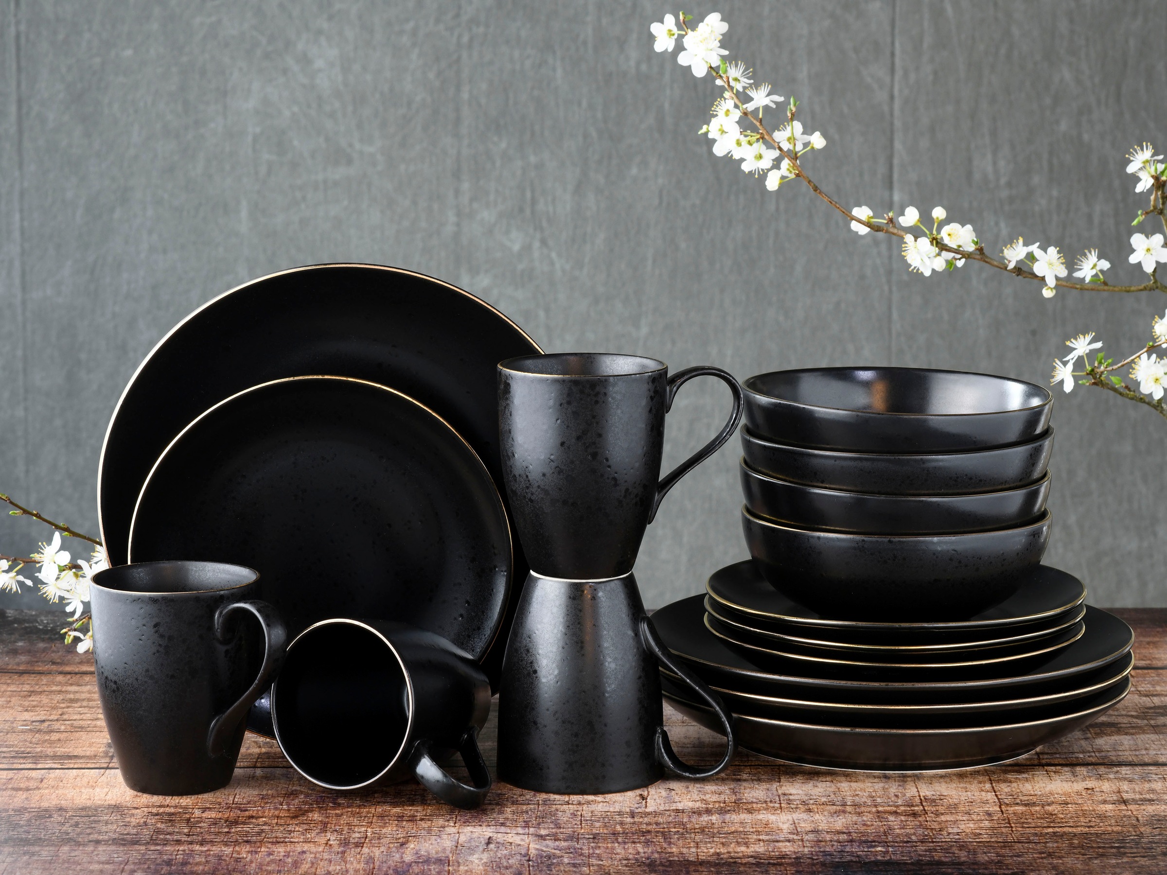 CreaTable Kombiservice »Geschirr-Set Industrial«, (Set, 16 tlg., Kaffeeservice und Tafelservice im Set, für 4 Personen), Service, schwarze, Goldrand, 16 Teile, für 4 Personen