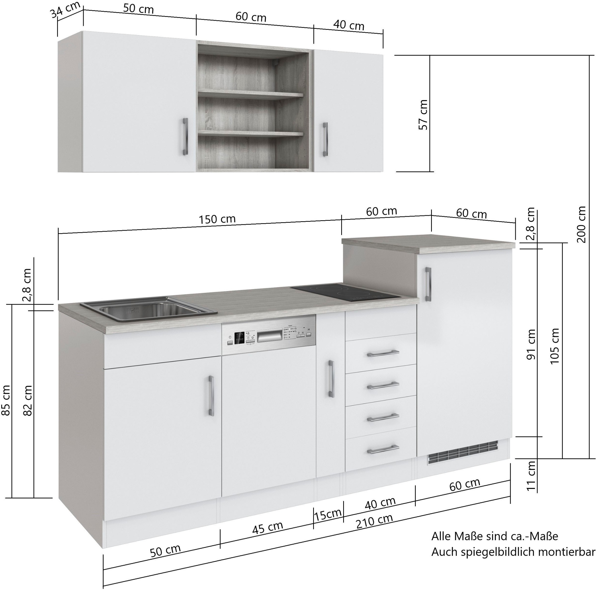 KOCHSTATION Küche »KS-Mali«, Breite 210 cm, mit E-Geräten