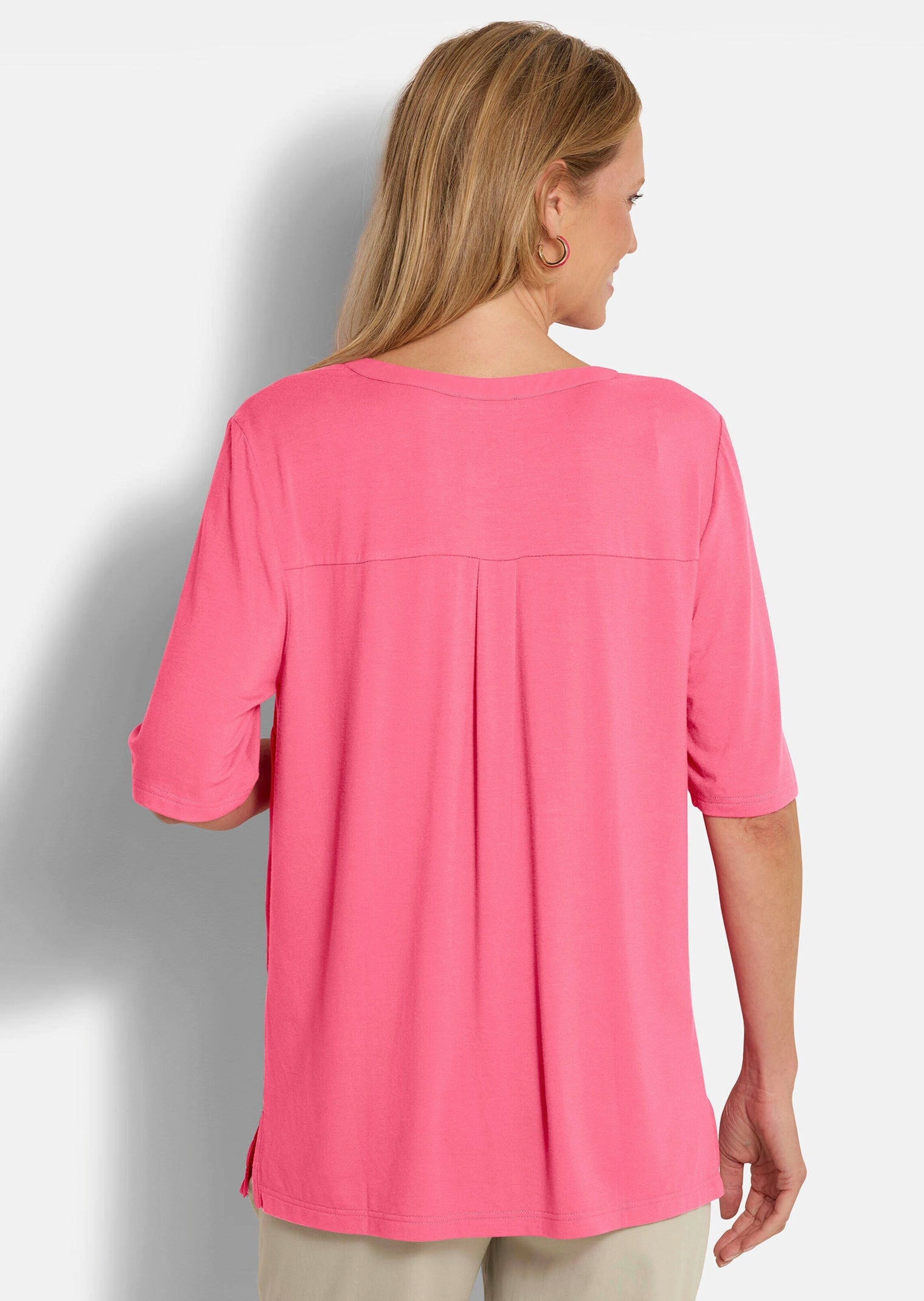 GOLDNER Kurzarmbluse »Chiffonbluse mit Jersey-Rückteil« Gekräuselte Schulterpartie