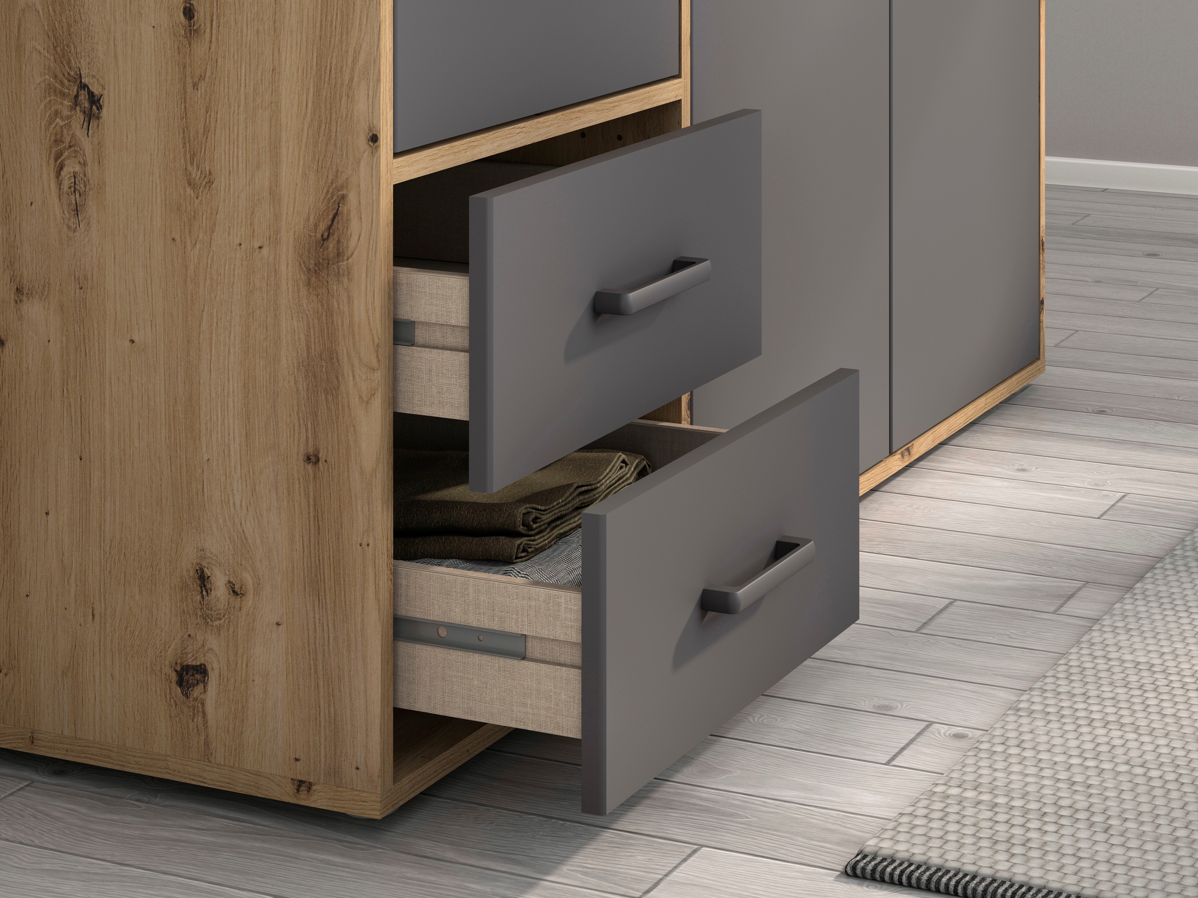 rauch Drehtürenschrank »Voyager, Kleiderschrank mit Außenschubkästen, Garderobe«, (in 3 verschiedenen Ausstattungen BASIC/CLASSIC/PREMIUM), Made in Germany
