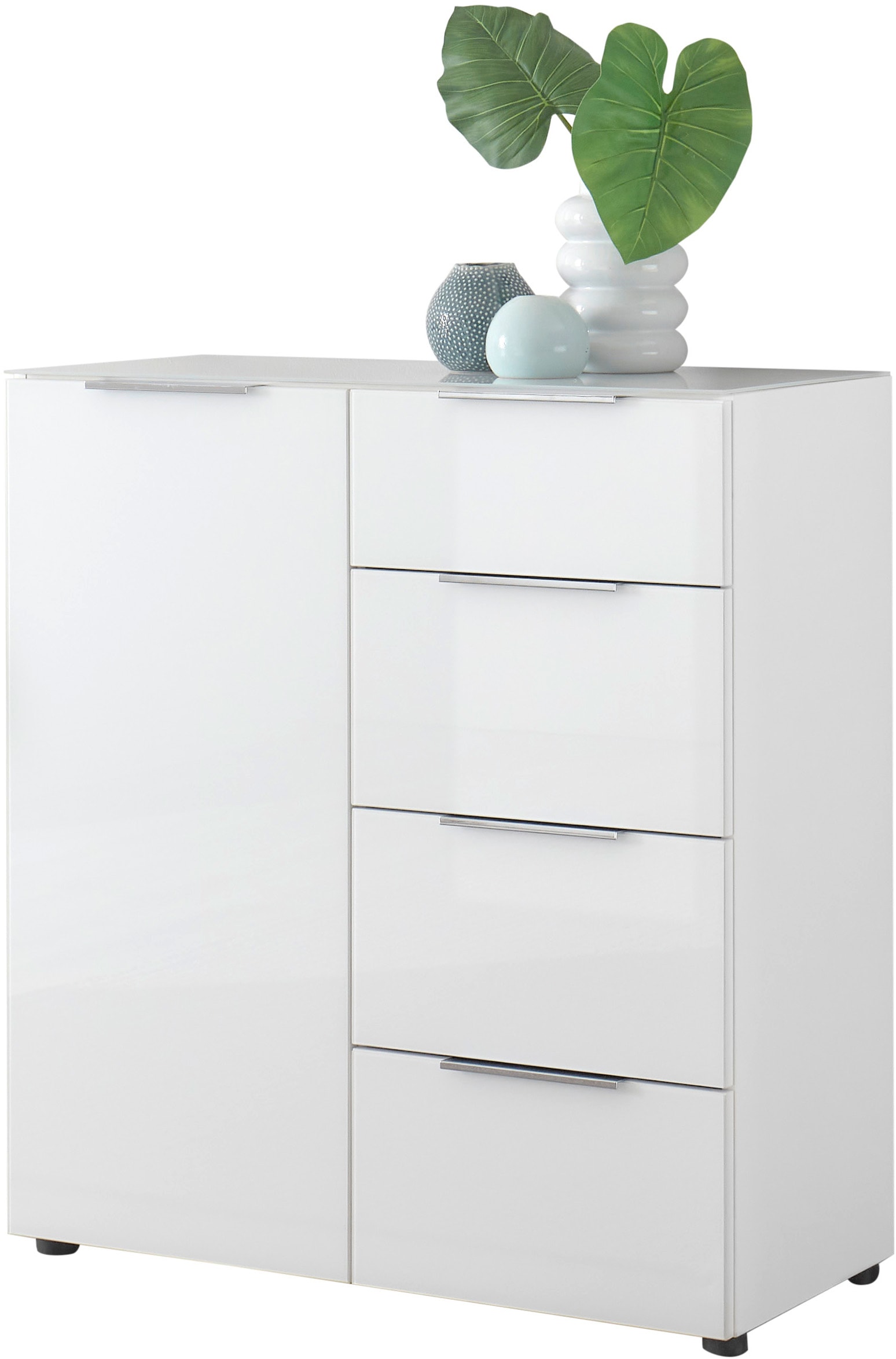 HBZ Sideboard »Santorin Mehrzweckschrank-Universalschrank, BxHxT 90x99x40 cm« 1 Stk. tlg. Mit 1 Tür und 4 Schubkästen mit Softclose, Glasfront und Glasoberboden