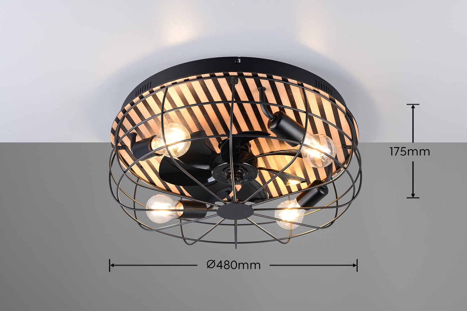 OTTO home Deckenleuchte »Norran mit Ventilator, Deckenventilator mit Licht exkl 4x E27 max 10W« E27 1 Stk. warmweiß - kaltweiß Holzstreifen Optik Akustikpaneel, Fernbedienung, 3 Stufen + Timer