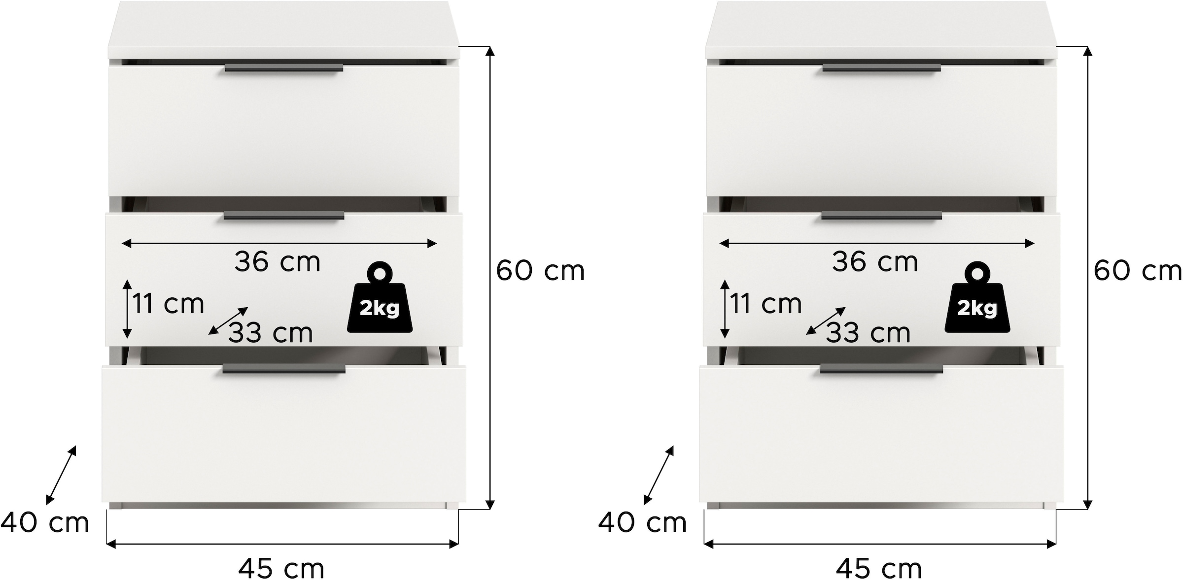 Home affaire Nachtkommode »Skarde 2 Nachttische, jeweils Breite: 45 cm«, (Set, 2 St., Sie bekommen 2 Nachttische im Set), Skarde, 2er Set Nachtkommode, 3 Schubkästen, weiß