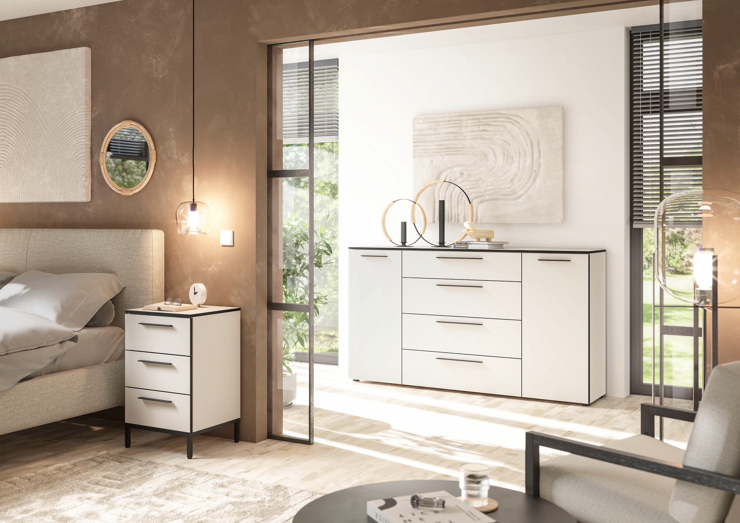 Manjana Möbel Nachtkommode »mit Schwarz matten Metallgriffen« mit Soft-Close-Funktion, mit Vollauszug, melaminbeschichtet