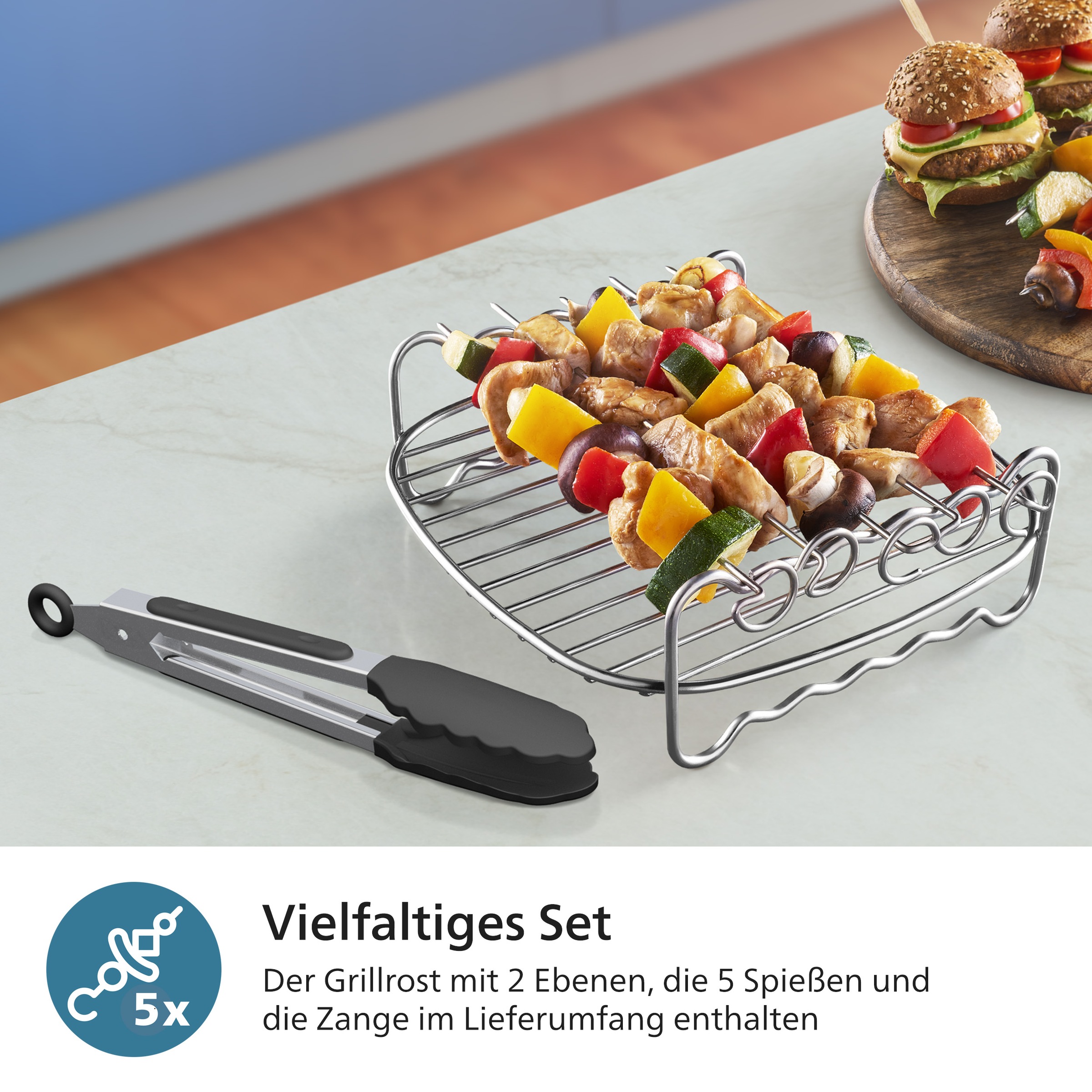 Philips Airfryer-Grillrost »HD9920/00 für Airfryer 6,2 l, 8,3 l und 9 l«, (7 St., Grillrost, 5 Spieße u.Zange im Lieferumfang), mit 2 Ebenen, HomeID App und spülmaschinenfesten Teilen