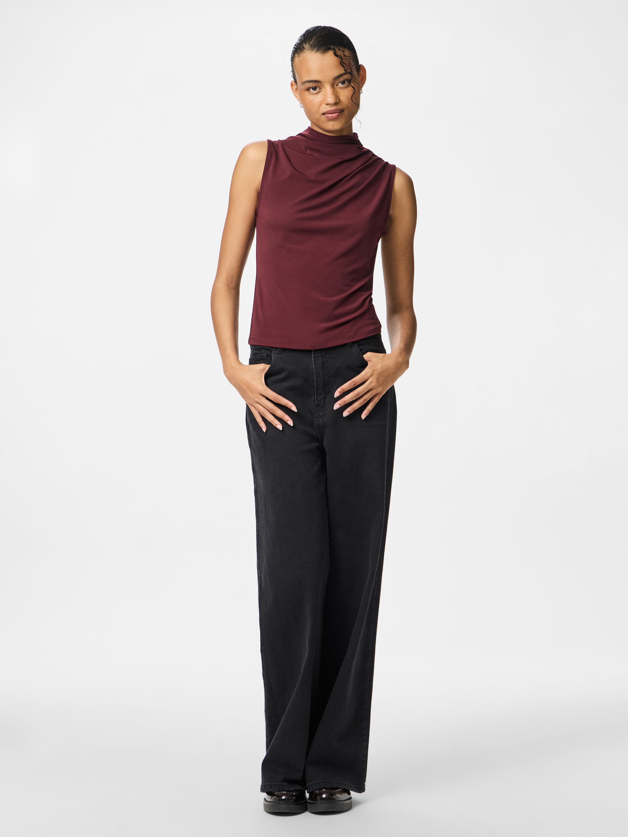 pieces Stehkragenshirt »PCMADISON SL DRAPED TOP NOOS BC« Materialmix, slim fit