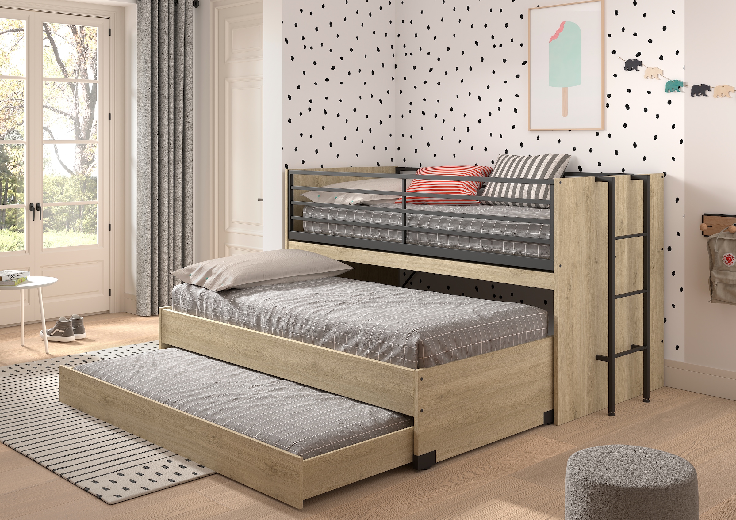 Home affaire Etagenbett »praktisches Etagenbett mit viel Funktion, 2 Dekore zur Wahl«, (B/H/T ca. 219x114x98cm, Metall Leiter und Absturzschutz in schwarz), für kleine Räume, 2 Liegefl., Bettschublade, inkl. Schreibtisch