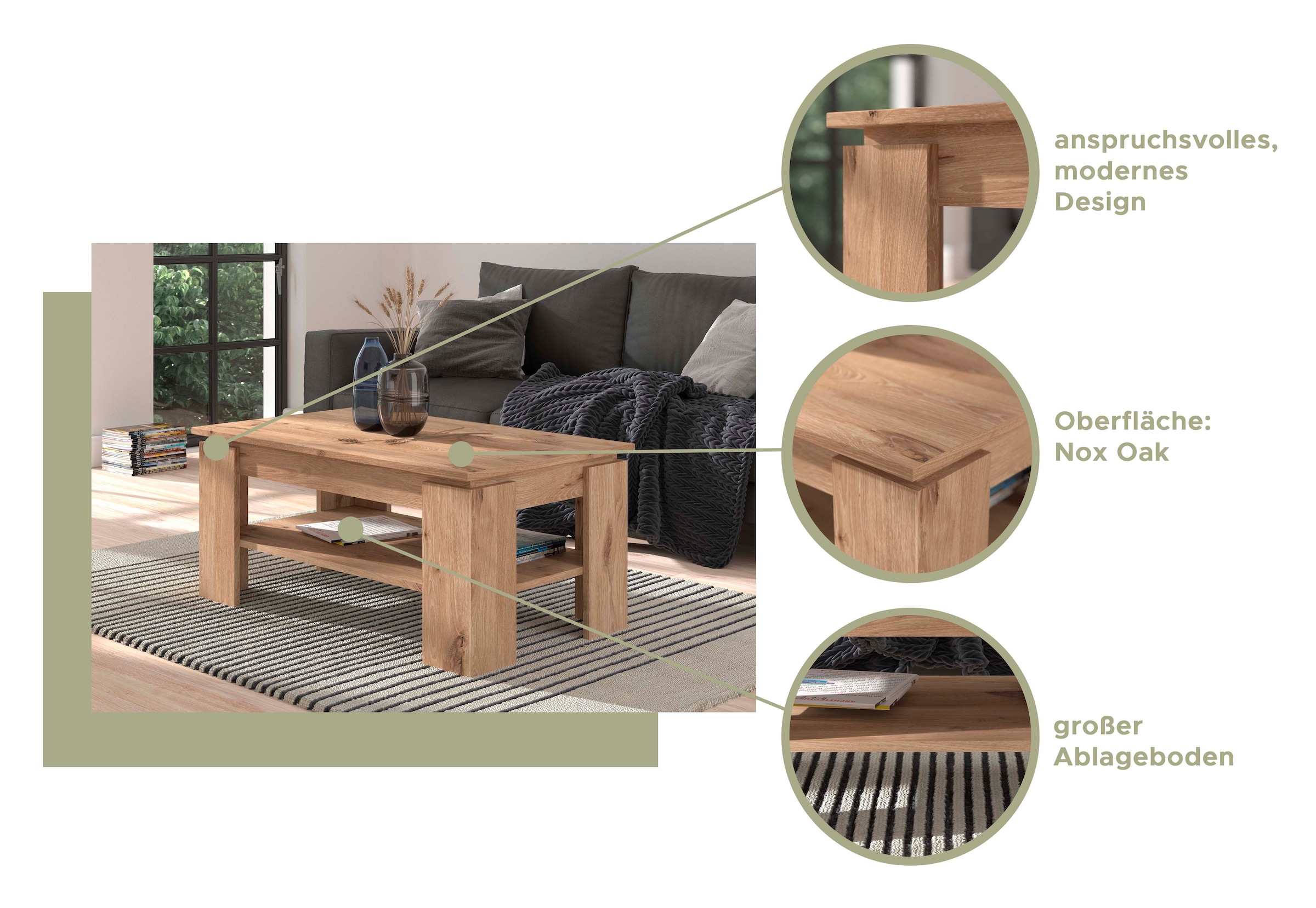 INOSIGN Couchtisch »Kalmar, rechteckig, 100 x 60 cm, 1 Ablageboden«, Sofatisch, Beistelltisch, Kaffetisch, Wohnzimmertisch, coffee table