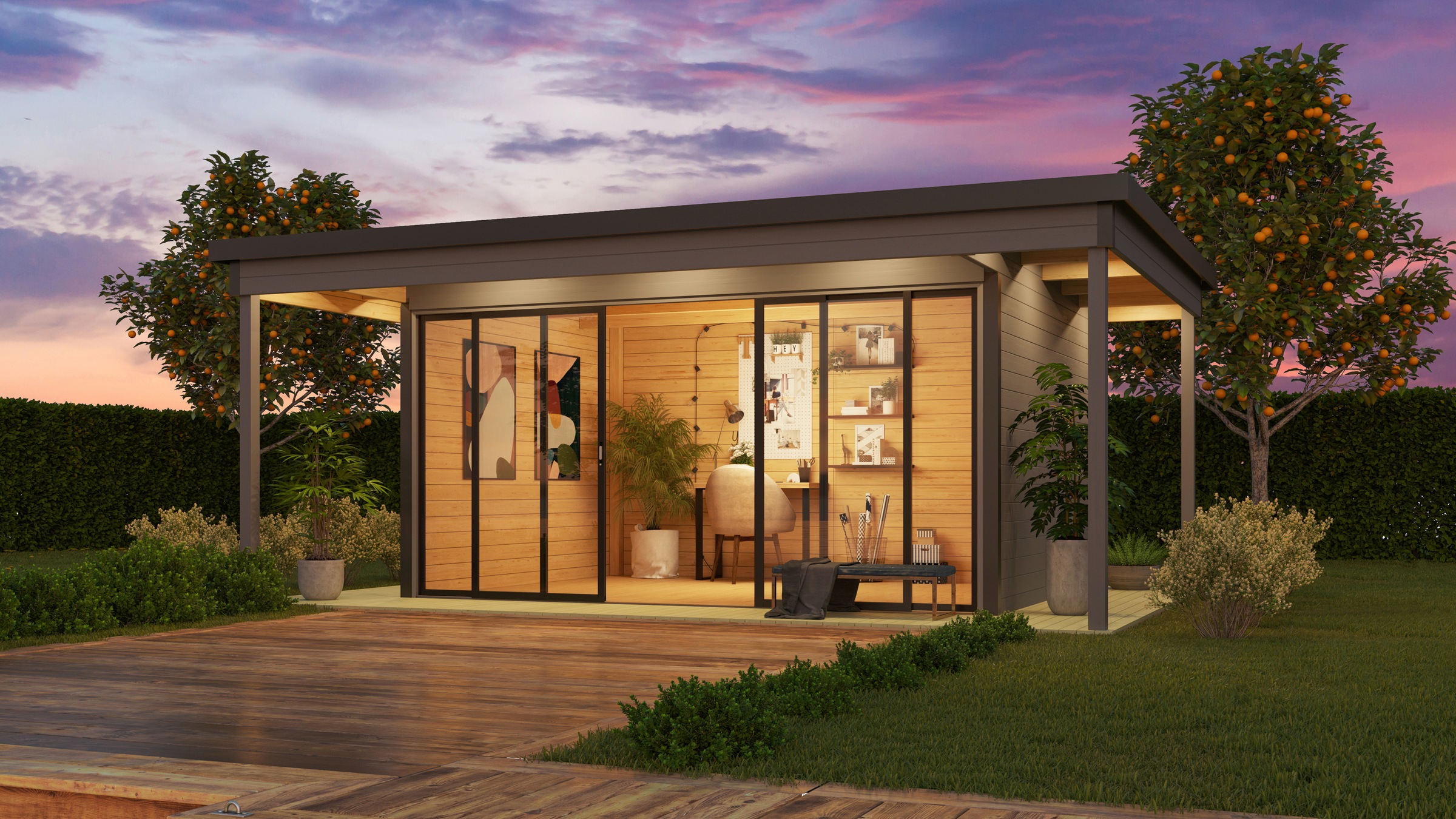 LASITA MAJA Gartenhaus »DOMEO 4 LOGGIA LICHTGRAU/ANTHRAZIT - NEU«, (Set), mit Überdachung, Fundamentmass 800+4180+800 x 800+3219, Lichtgrau