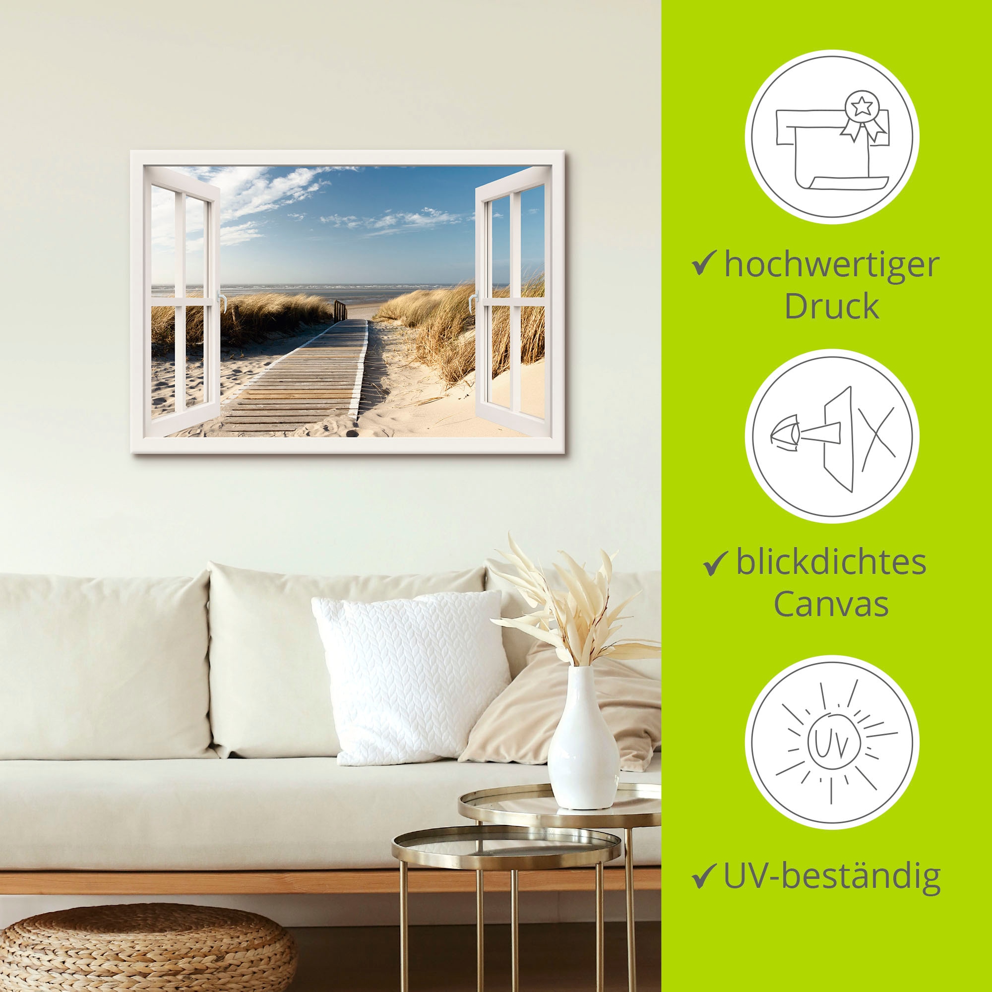 Artland Wandbild »Fensterblick Nordseestrand auf Langeoog«, Fensterblick, (1 St.), als Leinwandbild, Poster, Wandaufkleber in verschied. Größen