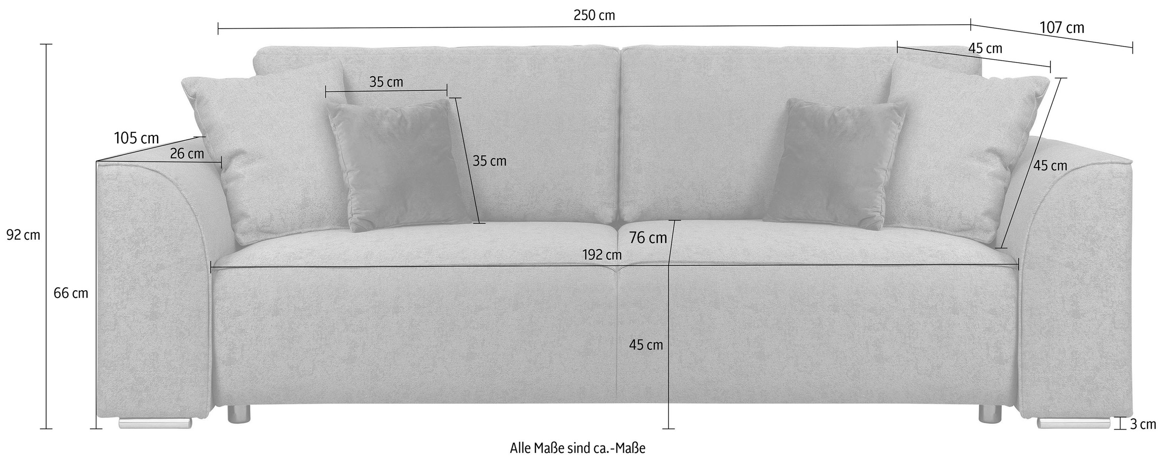 INOSIGN 3-Sitzer Beatrice Schlafsofa, wahlweise auch mit Bettfunktion und Bettkasten, incl. 2 Zierkissen