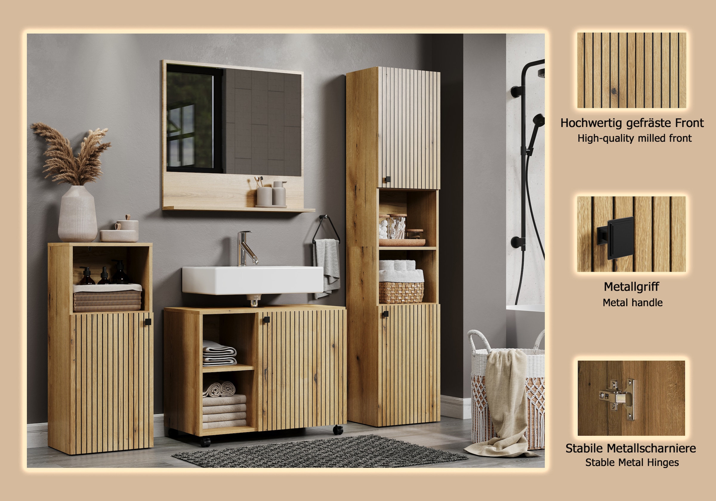 welltime Badmöbel-Set »Amrum Waschbeckenunterschrank Spiegel Hochschrank Badschrank«, (Komplett-Set, 4 St.), 4-teiliges Badmöbel-Set Eiche Rillenoptik - Maße (B/T/H) 180/42/186 cm
