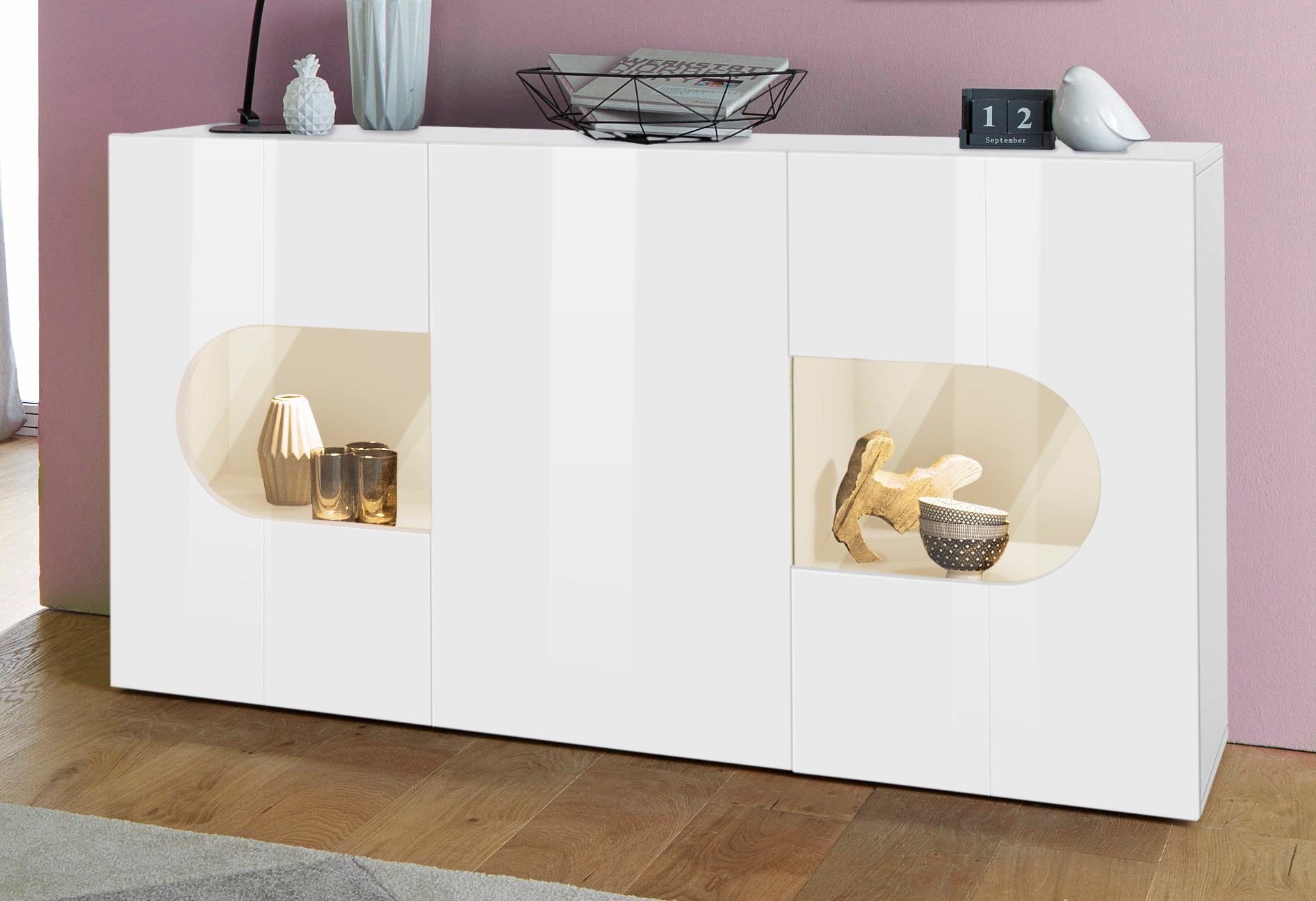 INOSIGN Sideboard »Real,Vitrine,Kommode,Schrank, komplett hochglanz lackiert«, mit 3 Türen davon 2 Glastüren ohne Griff, Breite 150