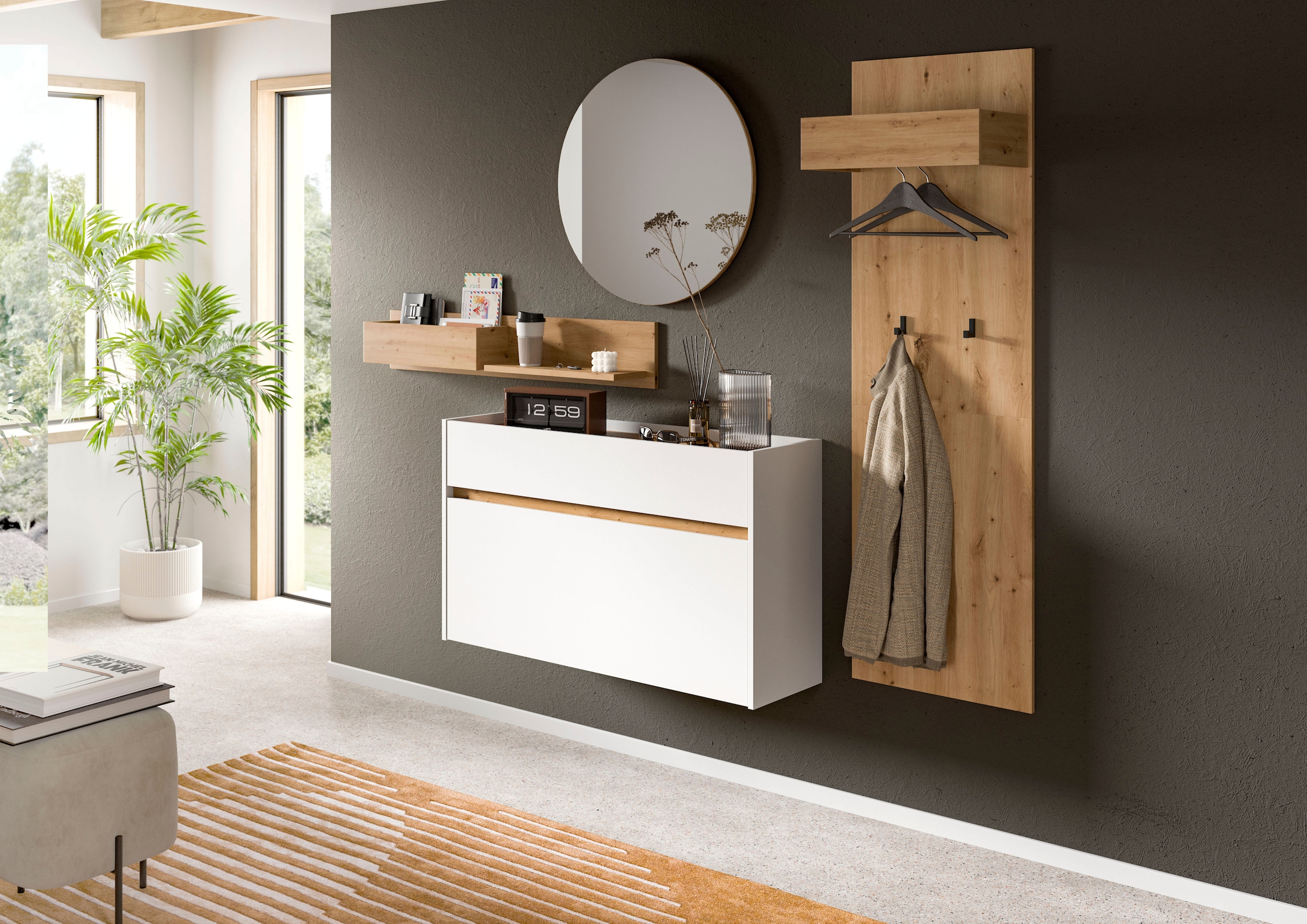 INOSIGN Garderoben-Set »EVRID, 4-teilig, Breite 205 cm, individuell hängbar & erweiterbar« best. aus: Wandboard, Kommode, Spiegel, Garderobenpaneel, 4 Stk. tlg.