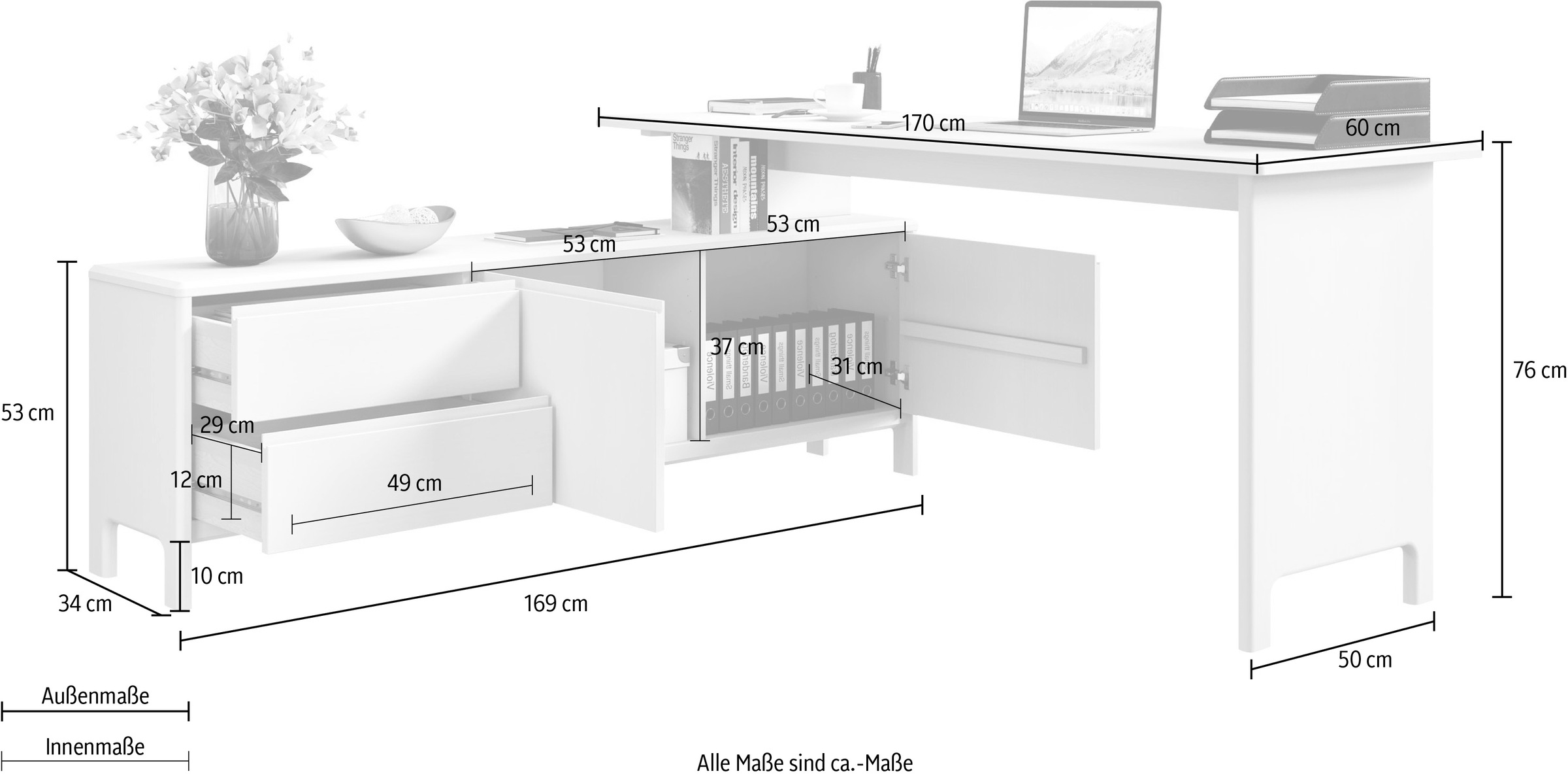 Home affaire Schreibtisch »Luven«, Breite 170-304 cm, Eckschreibtisch aus Massivholz