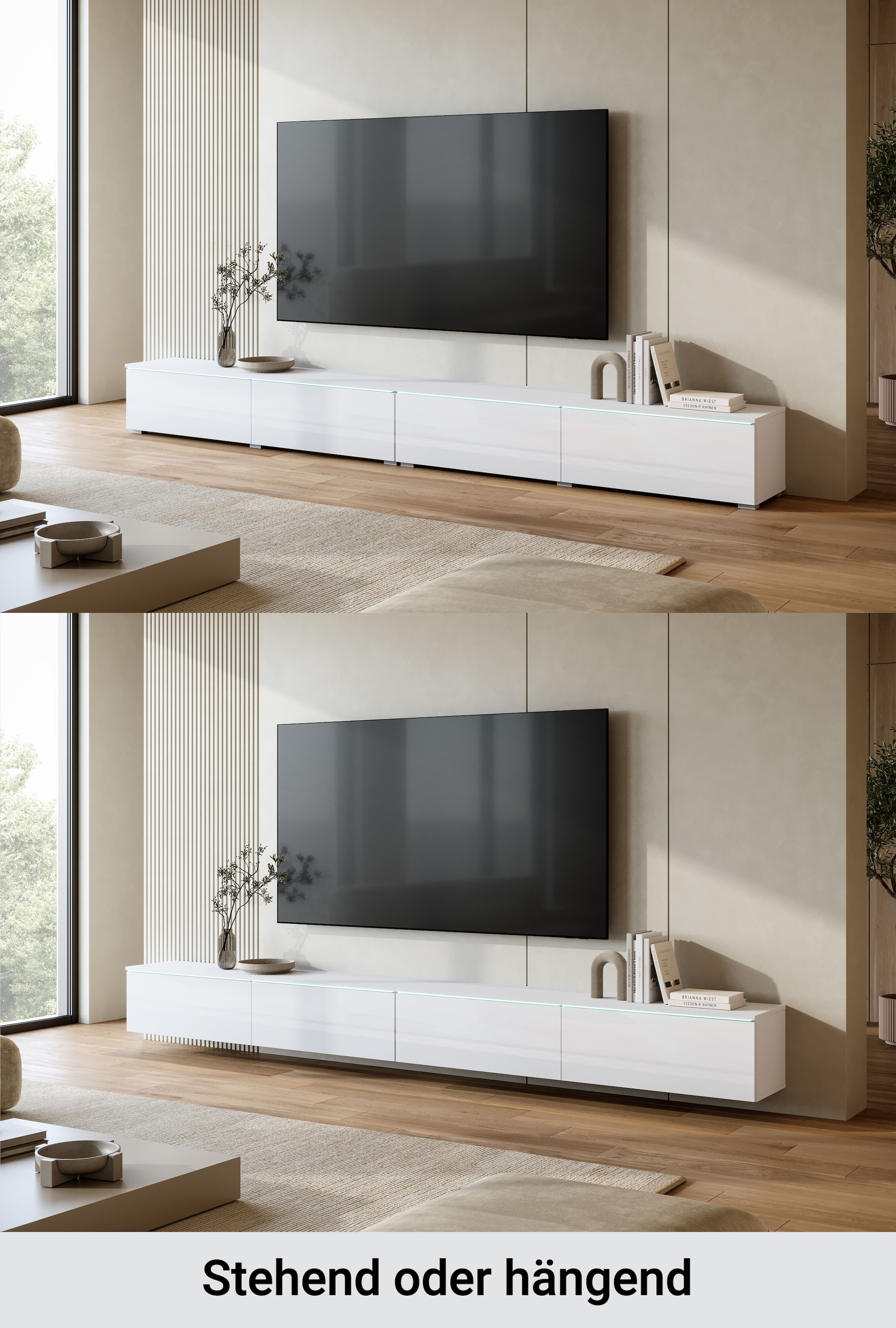 Home affaire Lowboard »Vera, TV-Schrank, Breite 300 cm, verschiedene Farbausführungen« 1 Stk. tlg. Mit LED, 4 Klappen, grifflose Fronten, hängend oder stehend