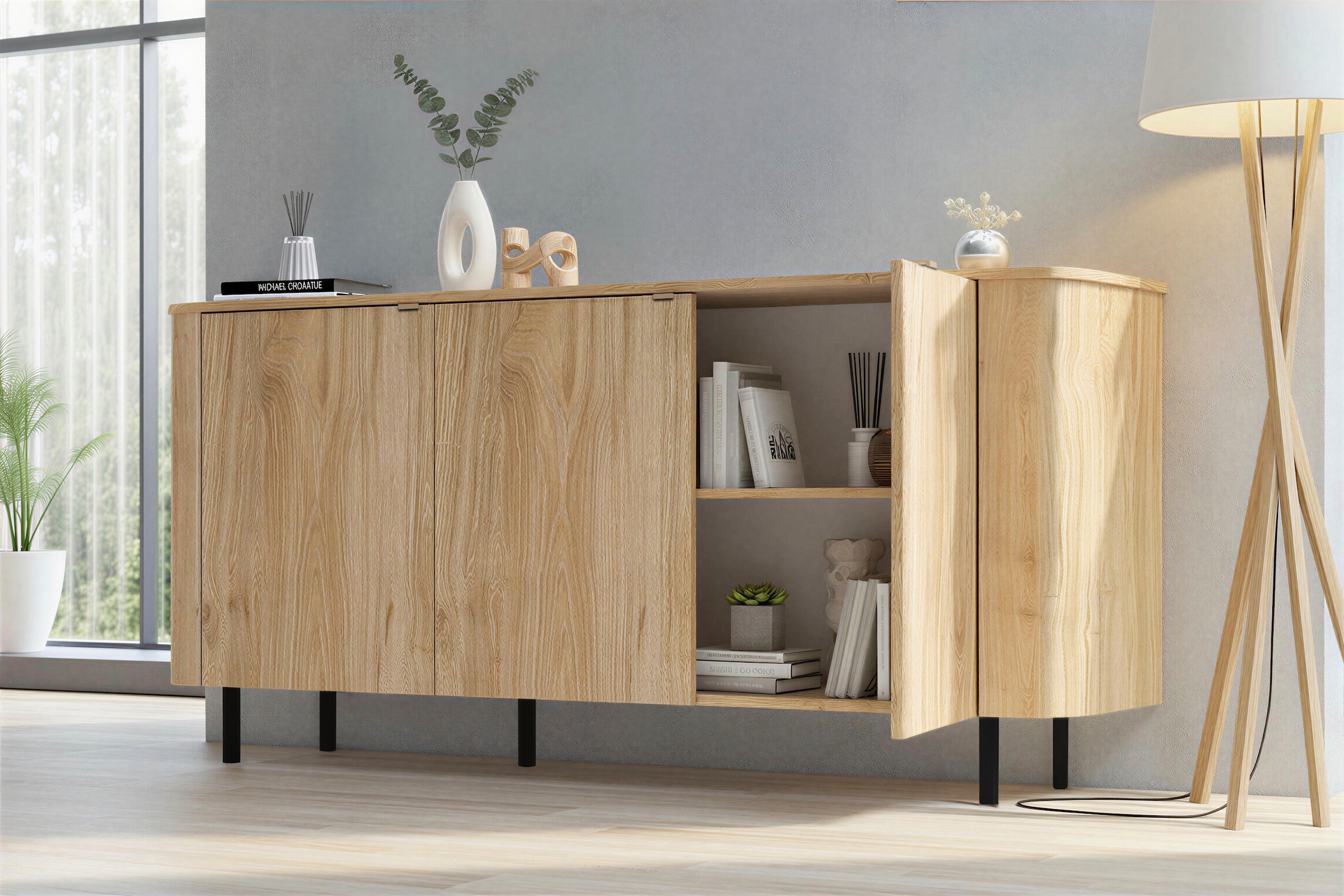 Home affaire Sideboard »Murano, 181 cm breit, 3 Türen, Anrichte, Kommode, Stauraumschrank« Formgebogenes MDF, Stirnseiten mit Rundung, Füße und Griffe aus Metall