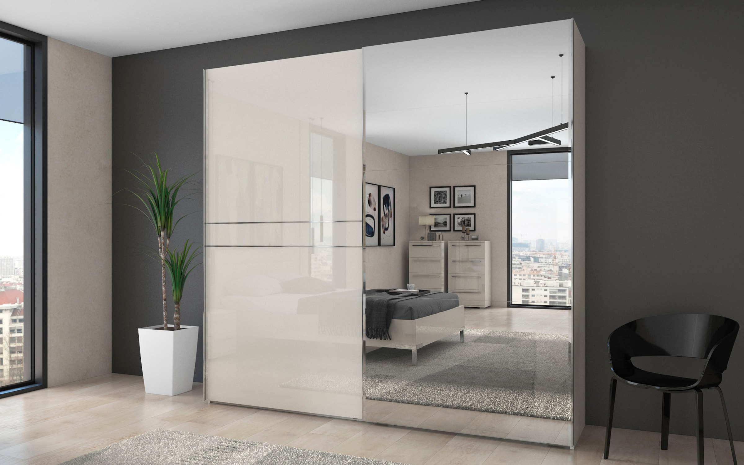 Places of Style Schwebetürenschrank »Piano, mit Einlegeböden, Kleiderstangen, Spiegel, Türen soft-close«, (in 3 Breiten, 224cm hoch, mit verchromten Aufleistungen), mit Spiegeltür, FSC-zertifizierter Holzwerkstoff