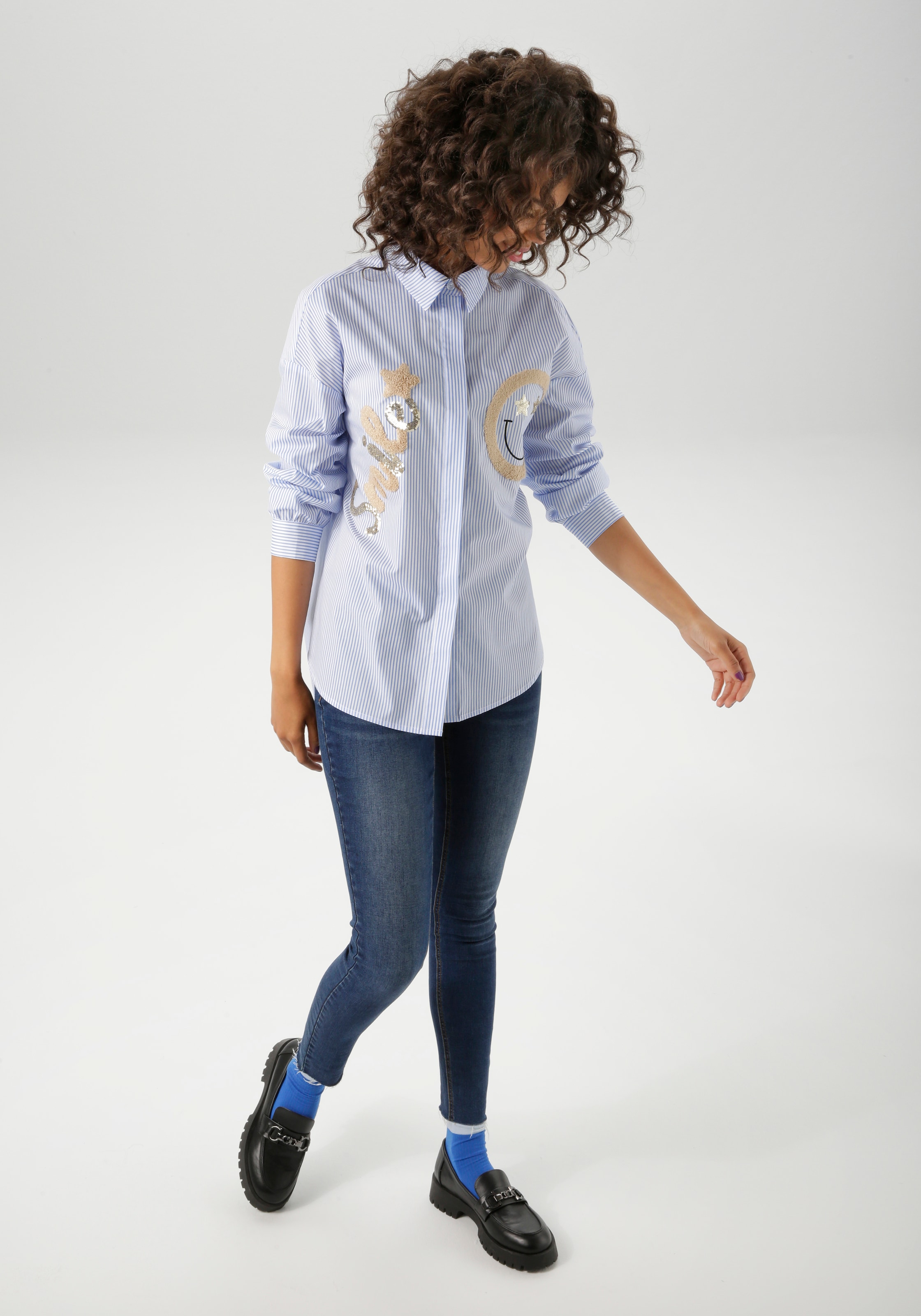 Aniston CASUAL Hemdbluse, mit Pailletten verzierte Smiley-Applikationen - NEUE KOLLEKTION