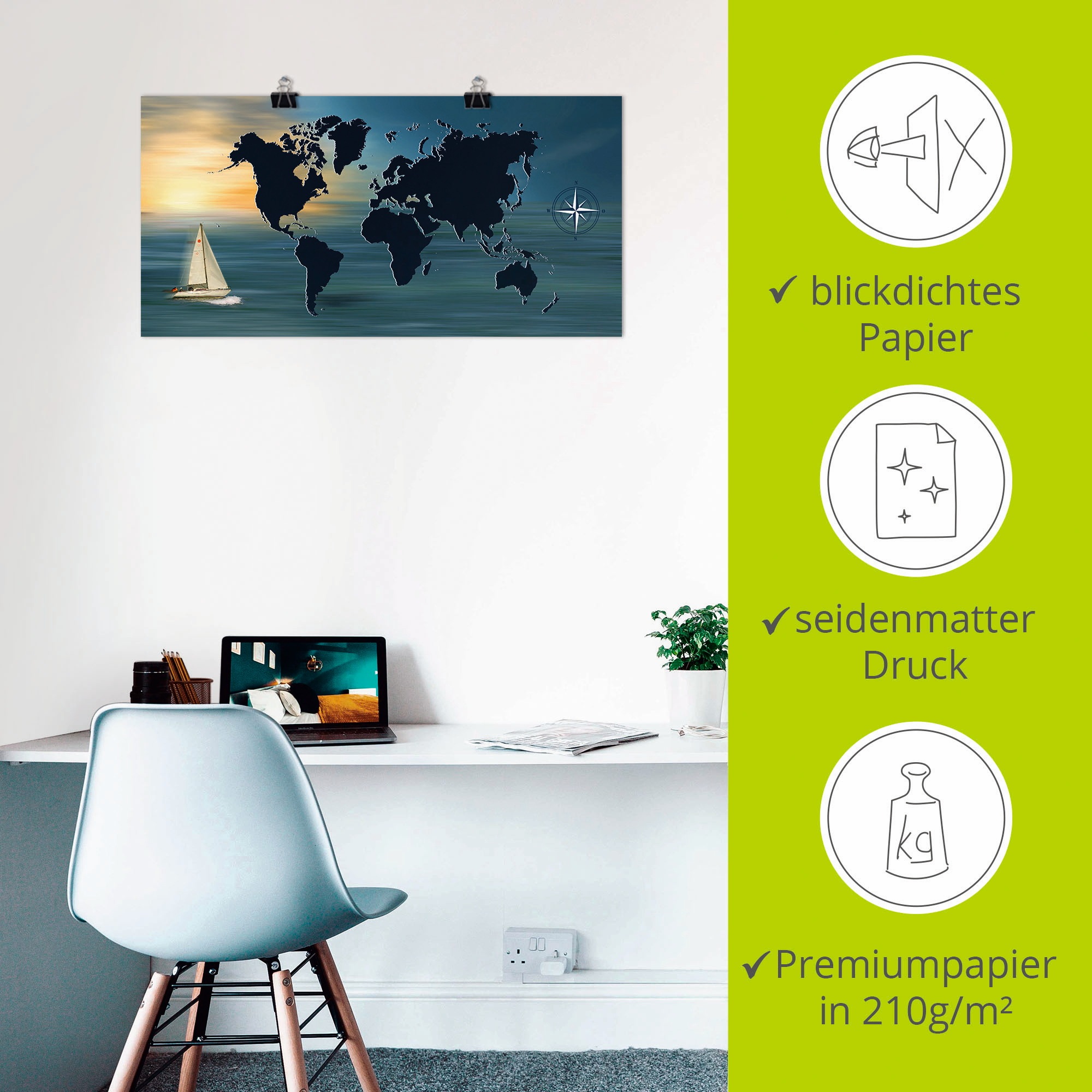 Artland Wandbild »Weltumsegelung mit Weltkarte«, Landkarten, (1 St.), als Leinwandbild, Poster in verschied. Größen