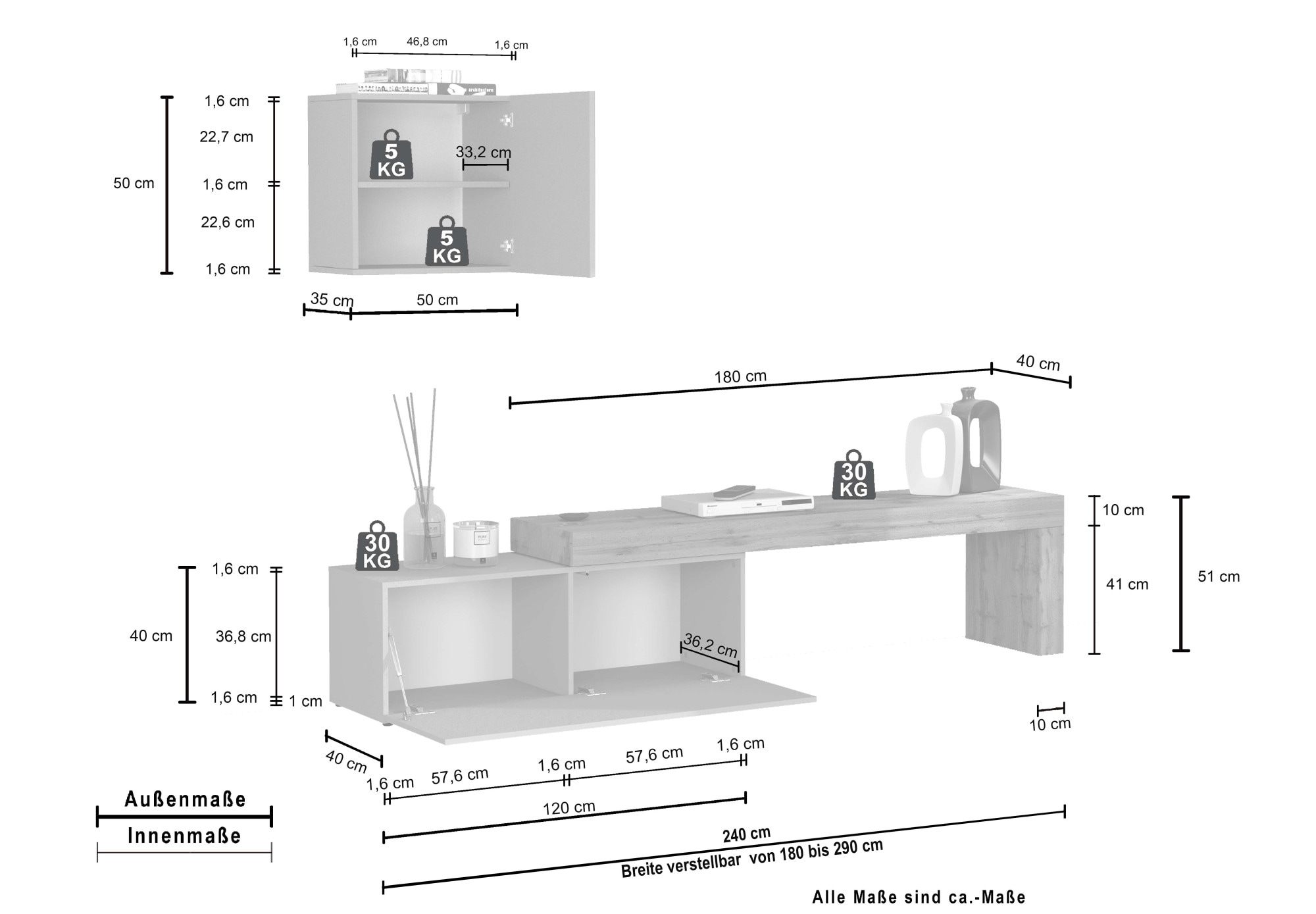 OTTO home TV-Wand »Chronos TV-Set, Wohnwand – Elemente frei platzierbar, Made in Italy« Set, 2-er set, 2 Stk. tlg.