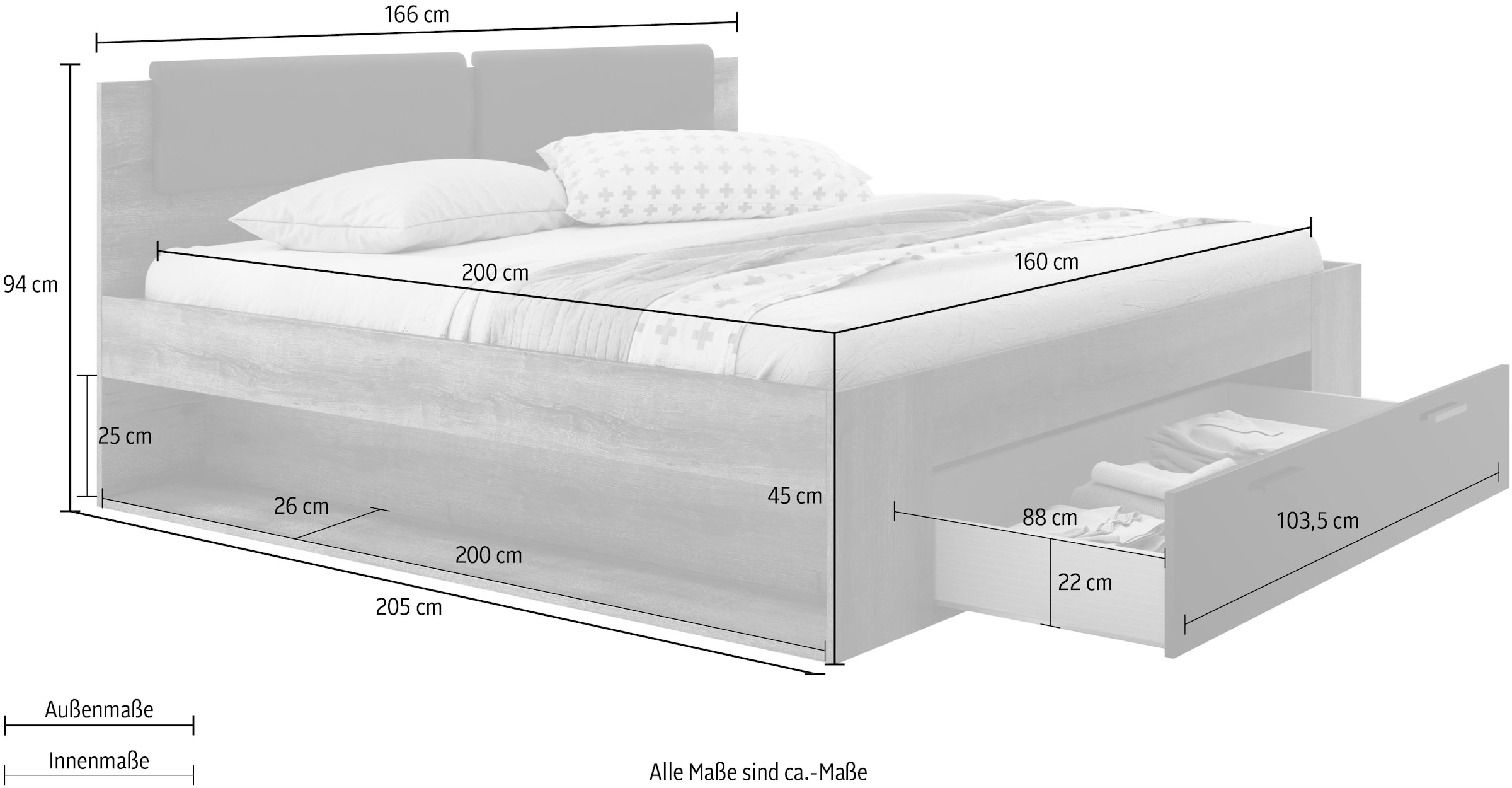 INOSIGN Stauraumbett »Galaxy Doppelbett mit komfortablen, gepolsterten Kopfteilen«, mit 1 Bettschublade am Fußende und offenen, seitlichen Fächern
