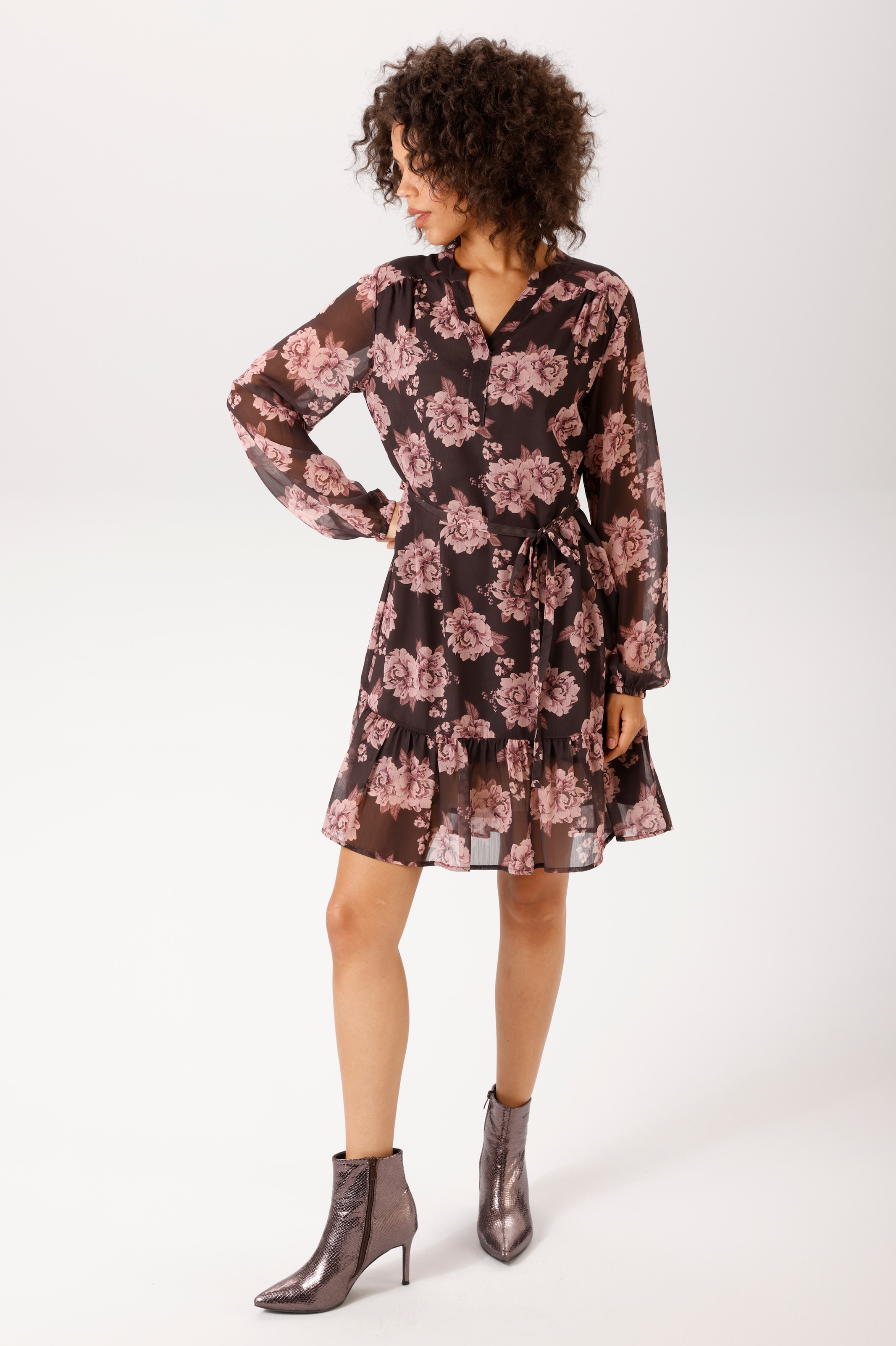 Aniston CASUAL Tunikakleid mit abnehmbarem Bindegürtel,  mit romantischen Rosen bedruckt - NEUE KOLLEKTION