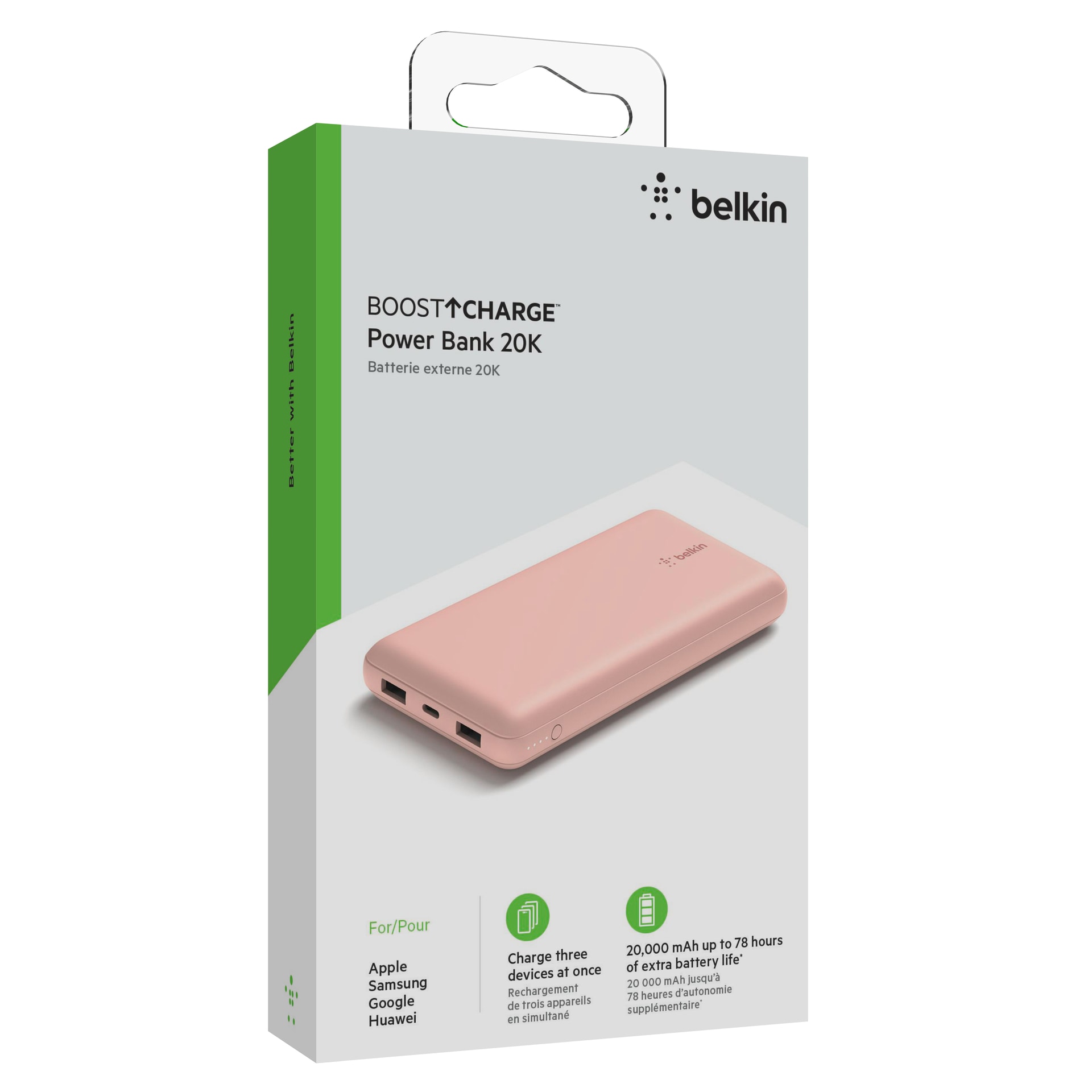 Belkin Powerbank »BoostCharge 20.000mAh Powerbank 15 Watt zum Laden von 3 Geräten«, 1x USB-C, 2x USB-A, Power für bis zu 78 Stunden